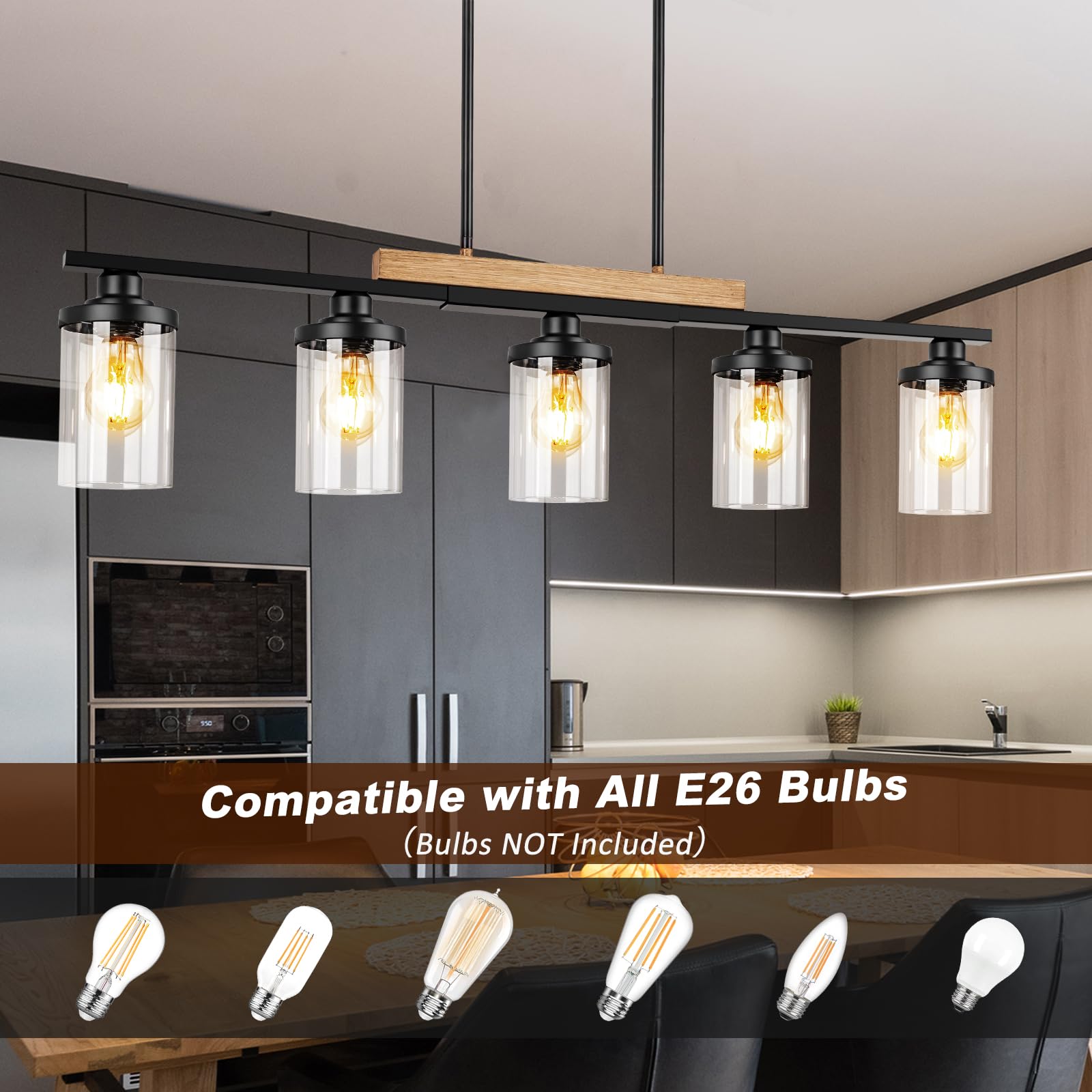 5-Light Farmhouse Kitchen Island Pendant Lighting - Adjustable Height Modern Black Chandelier for Dining Room, Table & Sloped Ceiling | Perfect for Rustic Kitchens, Open Concept Dining Areas & Farmhouse-Style Homes