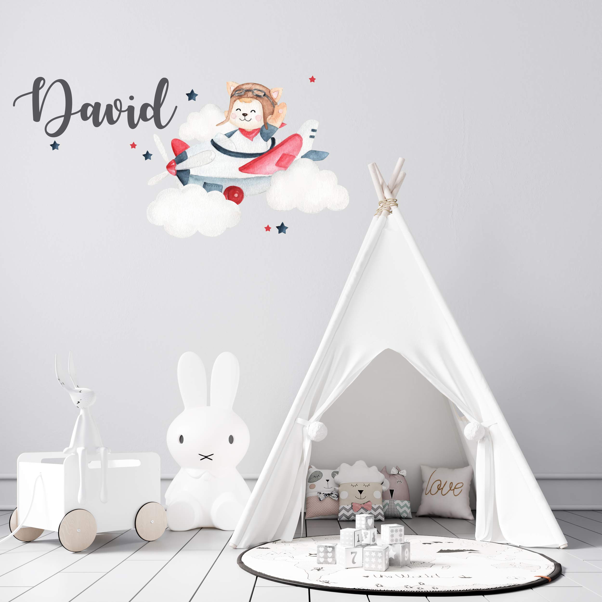 Custom Name Airplane Bear Wall Decal - Removable Nursery Wall Stickers for Baby & Kids Room Decor - Sky Scenery Mural (22