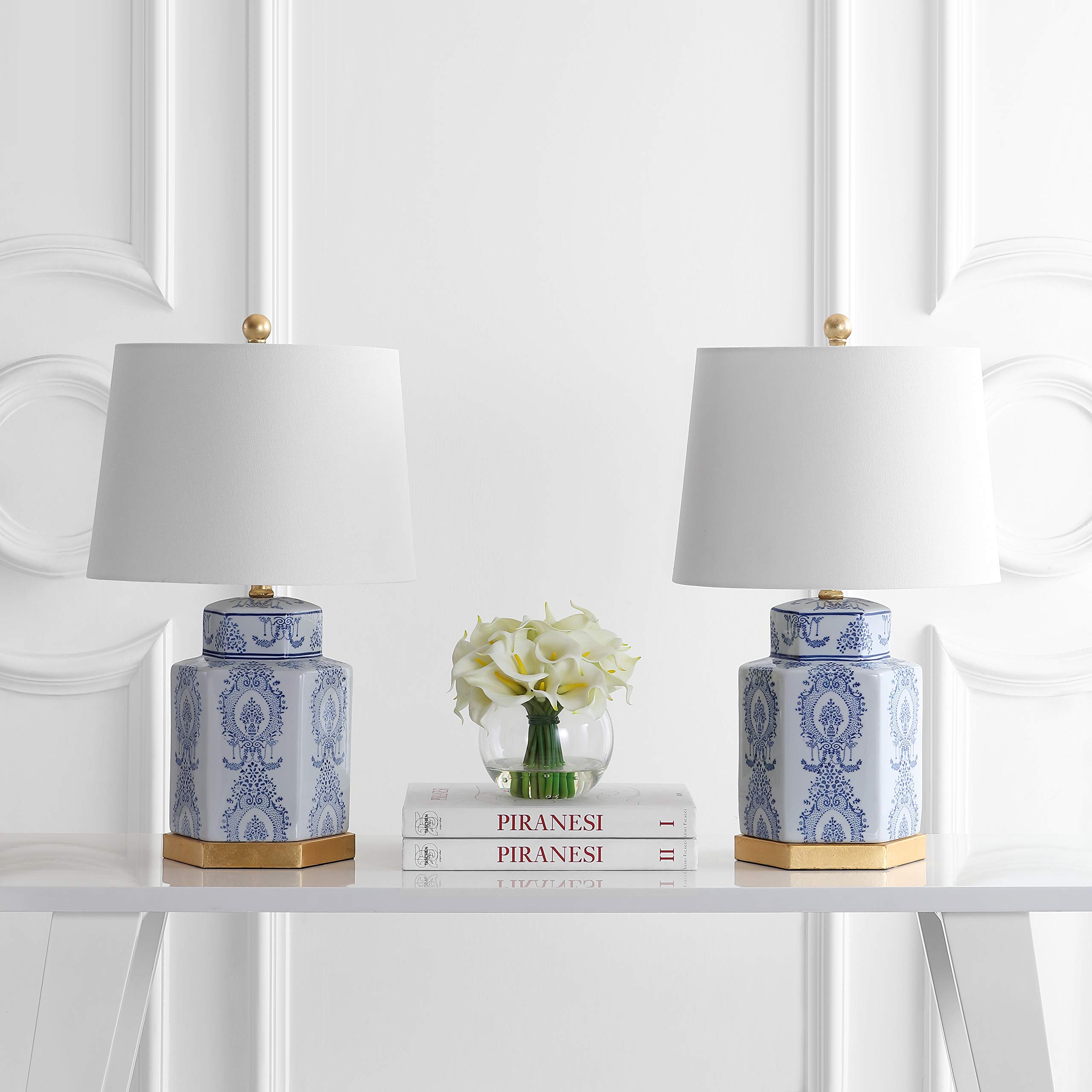 SAFAVIEH Bodin Blue and White 23-inch Table Lamp Set of 2 with LED Bulbs - Modern Bedside Lighting for Bedroom, Living Room & Home Office - Perfect for Reading, Decor & Ambient Lighting