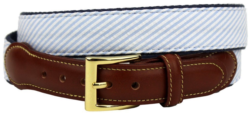Country Club Prep Light Blue Seersucker Leather Tab Belt – Classic Preppy Style for Men, Perfect for Golf, Polo & Summer Outings
