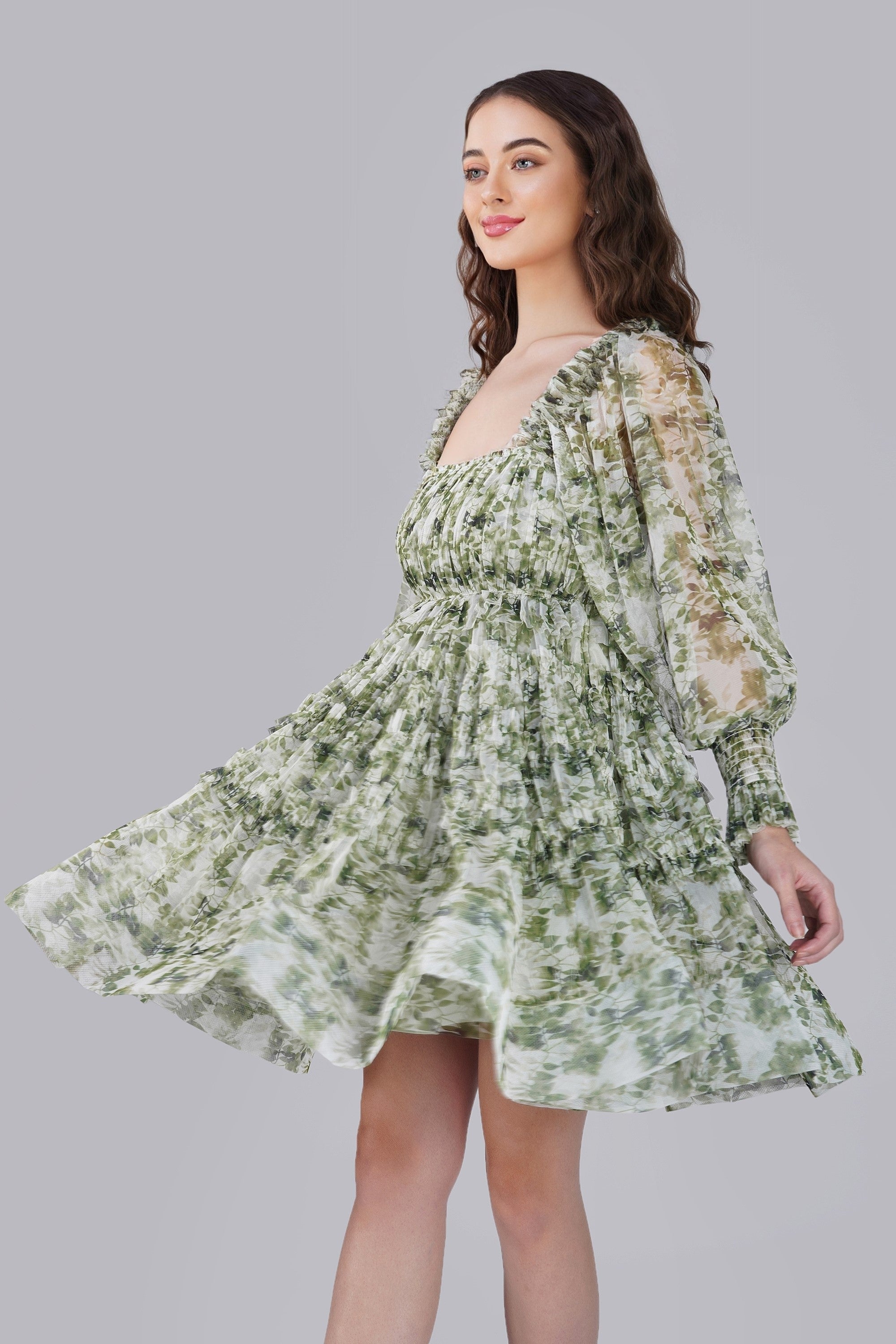 Elegant Petite Jessica Green Print Tulle Dress for Weddings & Special Occasions | Flowy A-Line Formal Gown