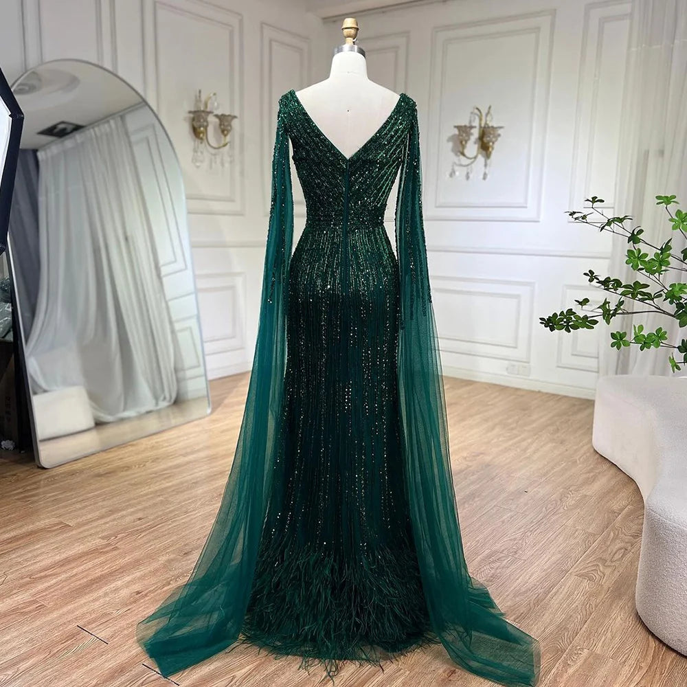 Serene Hill Black Mermaid Evening Gown with Cape Sleeves, High Slit & Beaded Feather Details - Elegant Women's Formal Dress for Prom, Gala & Special Occasions