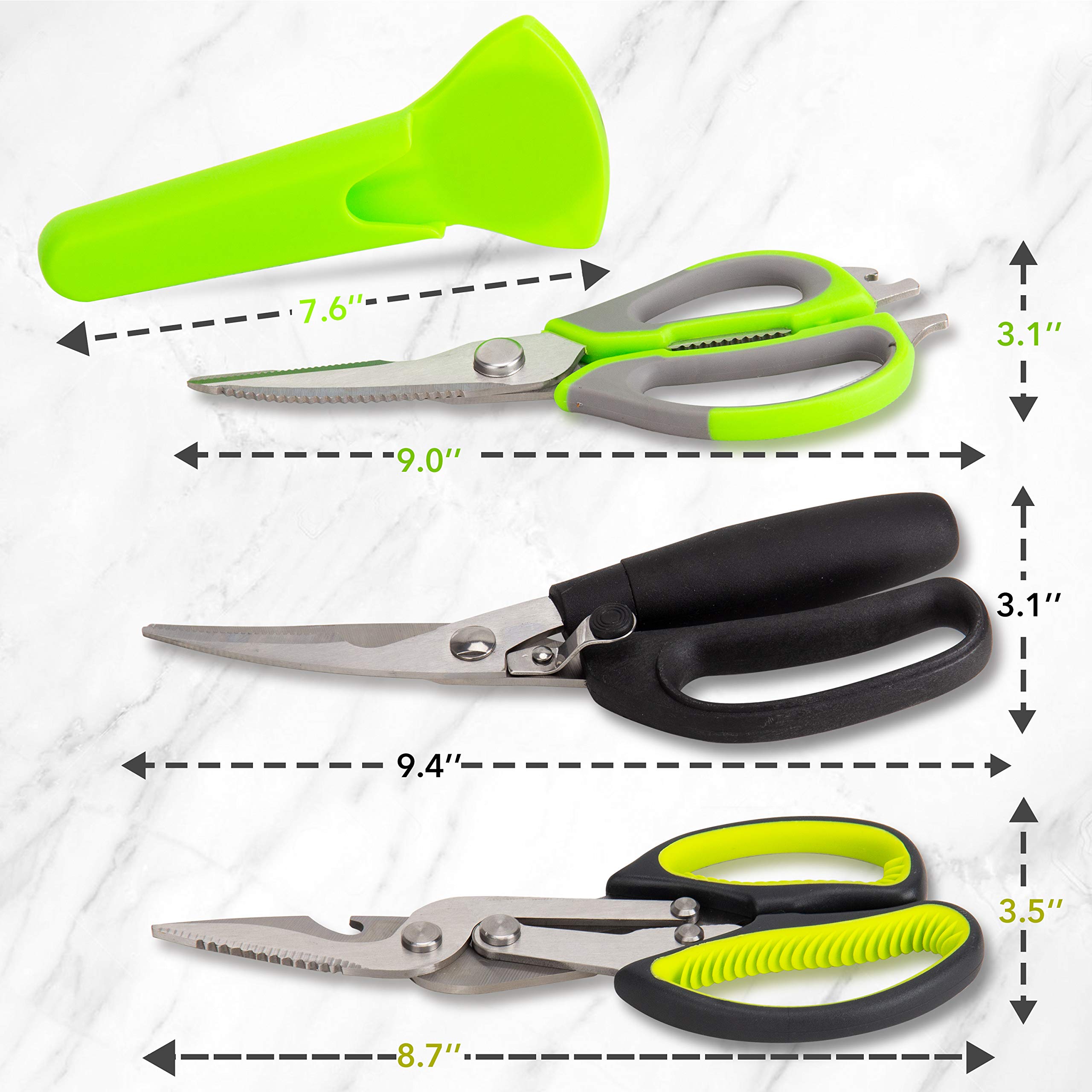 KOTTO 3-Pack Heavy Duty Kitchen Scissors Set - Stainless Steel Food Shears for Cutting Chicken, Poultry, Fish & More - Dishwasher Safe, Rustproof - Black & Green - Perfect for Meal Prep, Butchering & Cooking
