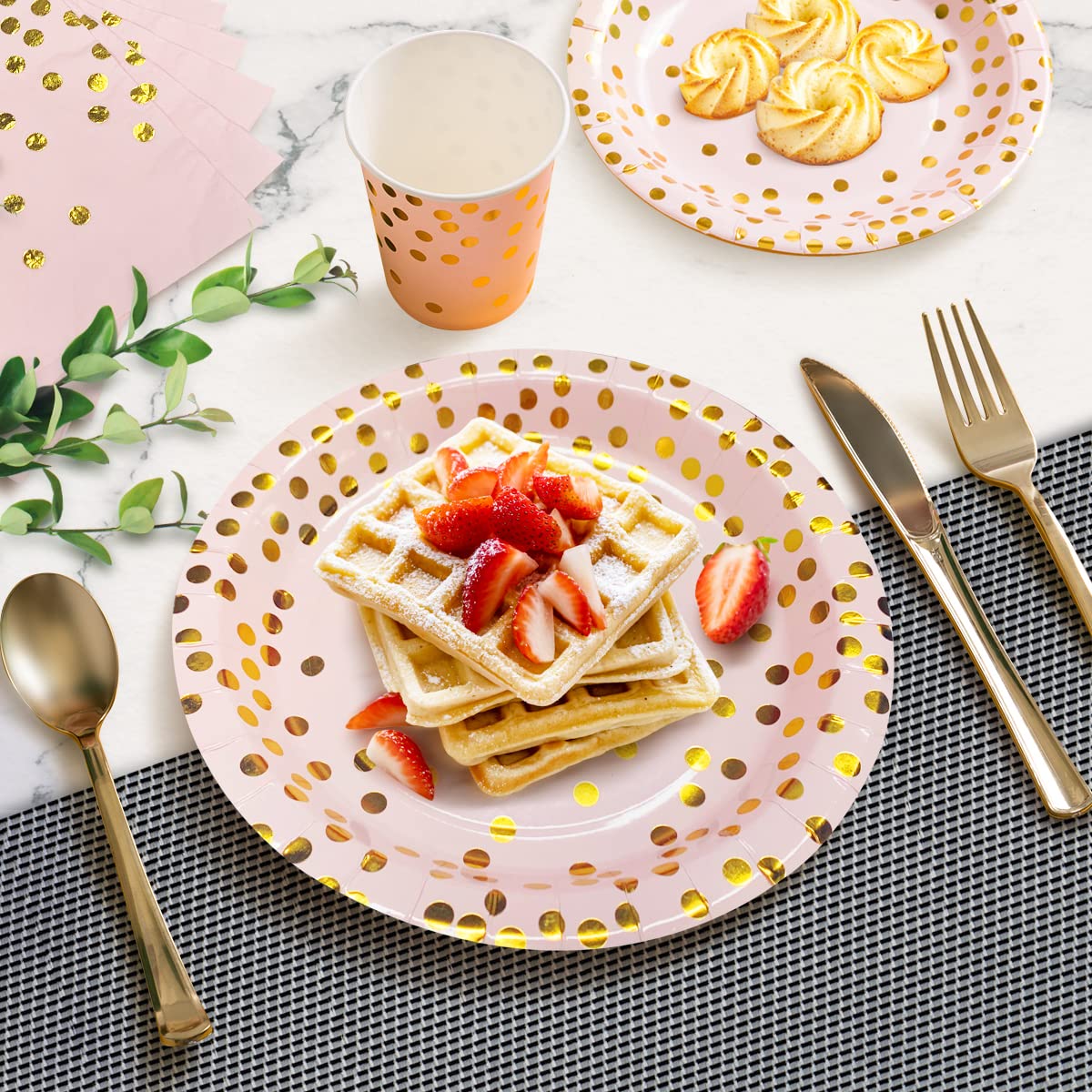 Pink and Gold Party Supplies Set - 175Pcs Disposable Paper Plates, Cups, Napkins with Gold Dots & Gold Plastic Cutlery for Baby Shower, Wedding, Bridal Shower - Serves 25 Guests - Perfect for Elegant Celebrations and Special Occasions
