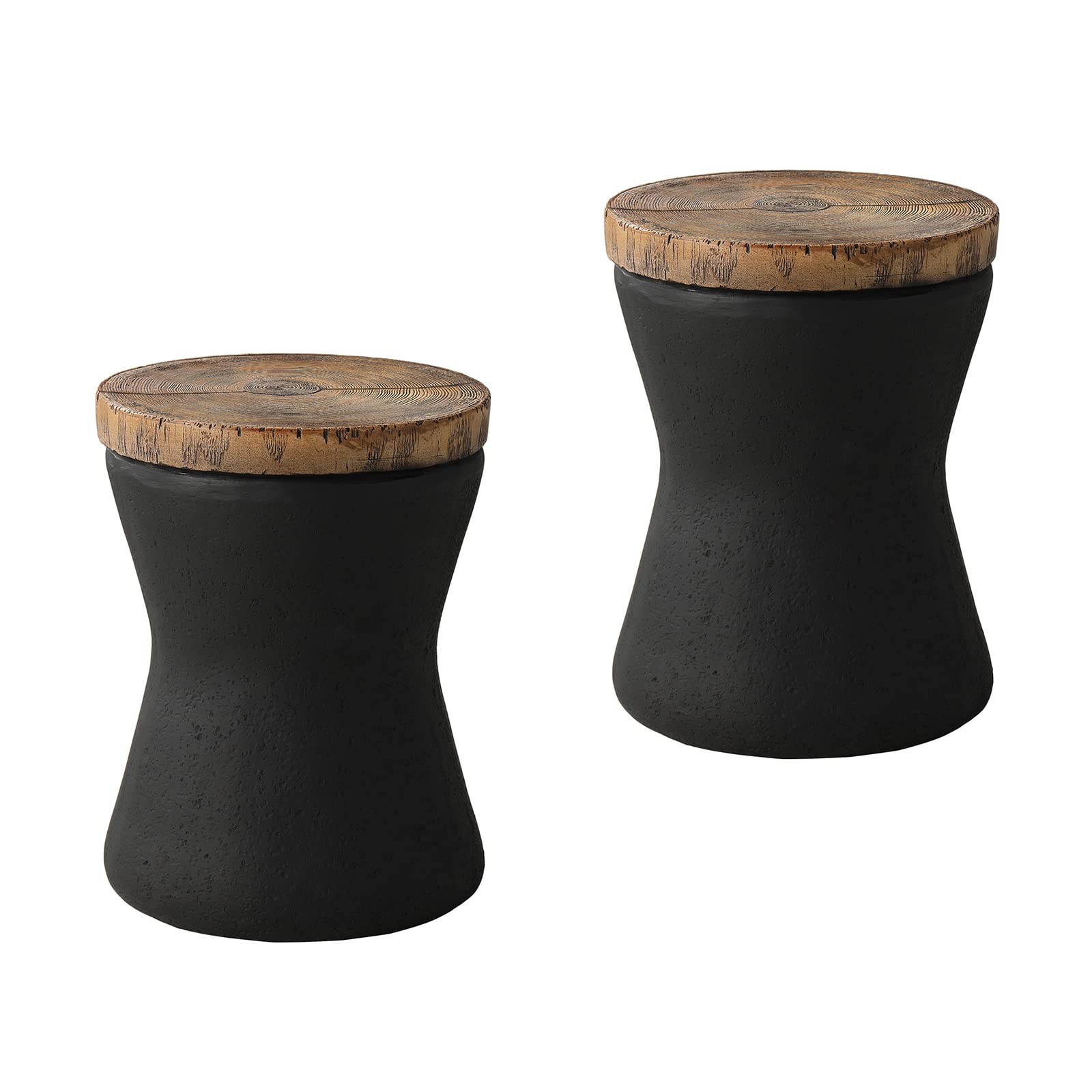 2-Piece Outdoor End Table Set with Faux-Wood Top & Black Base - Hand-Painted Tree Trunk Slice Design - Perfect as Accent Stool, Plant Stand or Patio Side Table for Garden, Balcony and Backyard Decor