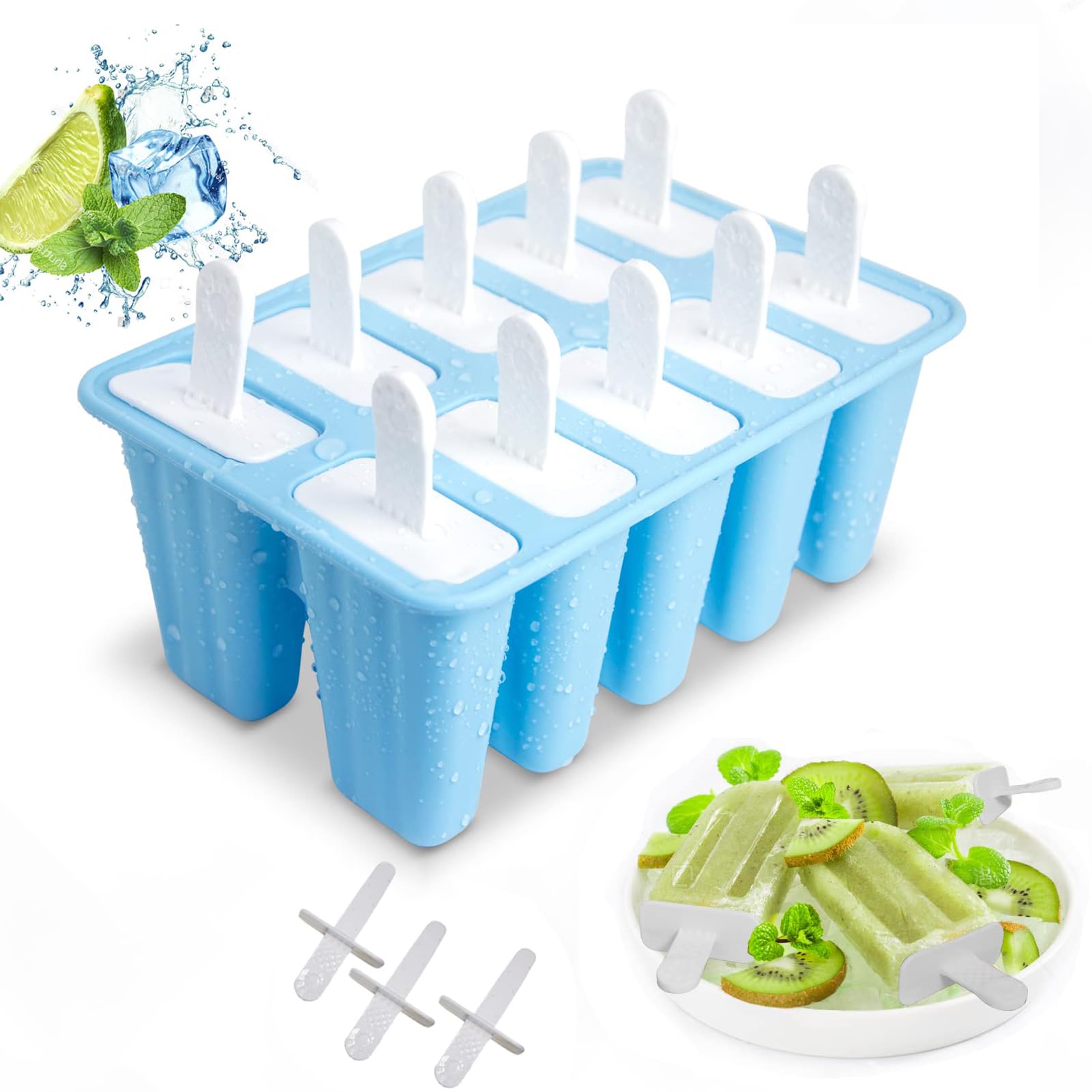 10-Piece BPA-Free Silicone Popsicle Molds with Sticks - Reusable & Easy Release Ice Pop Maker for Homemade Treats - Perfect for Summer Snacks, Kids Parties & Healthy Frozen Desserts (Blue)