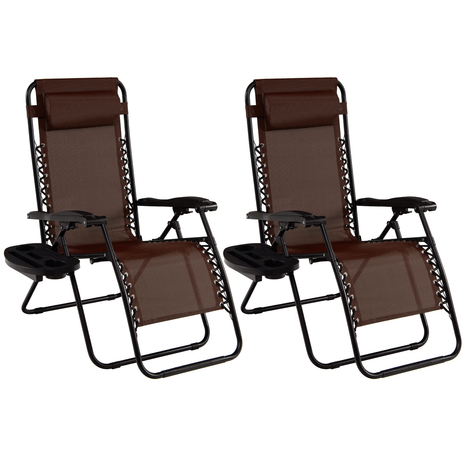 Goplus Zero Gravity Lounge Chairs Set of 2 - 160° Adjustable Folding Recliner with Pillow & Cup Holder, 350LBS Capacity - Comfortable Outdoor Patio Chairs for Backyard, Poolside, Beach & Camping (Brown) - Perfect for Relaxing, Sunbathing & Outdoor Lounging