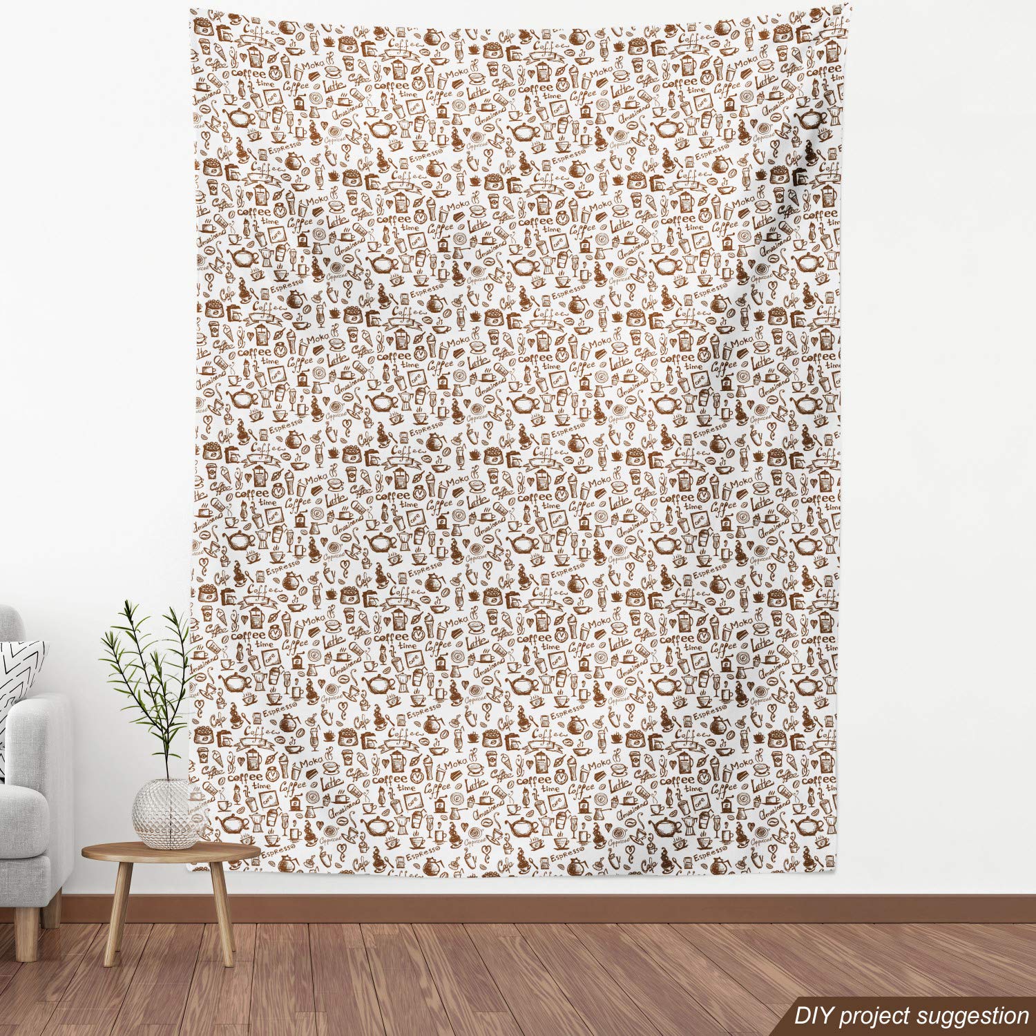 Ambesonne Coffee Fabric by The Yard - Brown & White Monochrome Print with Coffee Cups, Hearts & Banner Design - 10 Yards Upholstery Fabric for DIY Home Decor, Curtains, Tablecloths & Craft Projects - Perfect for Coffee Shops, Kitchen Decor & Gift Wrapping