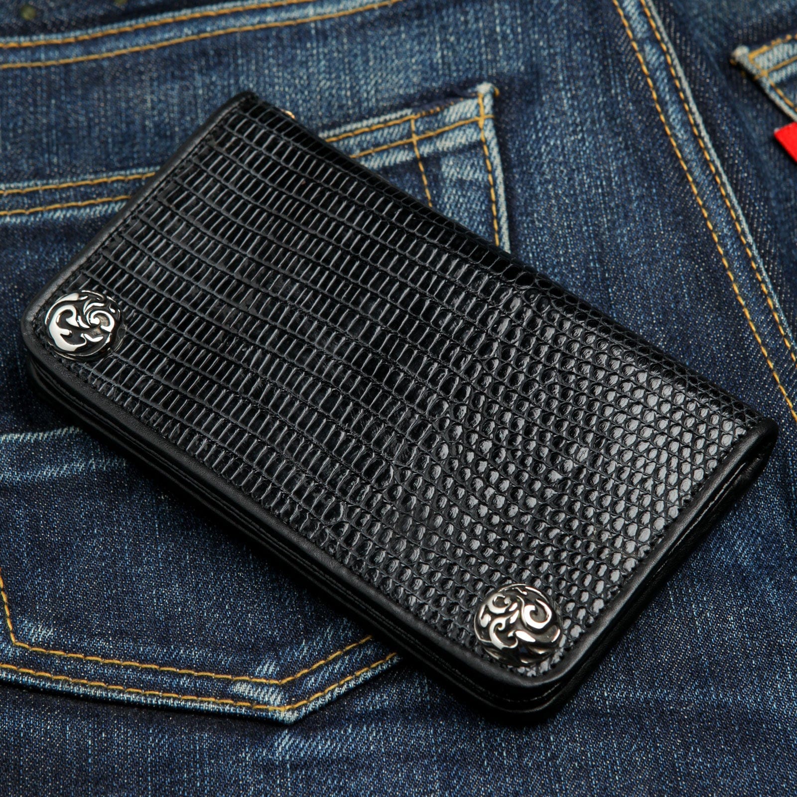 Authentic Black Lizard Leather Biker Wallet for Men - RFID Blocking Slim Bifold Wallet - Perfect for Motorcycle Riders & Everyday Use
