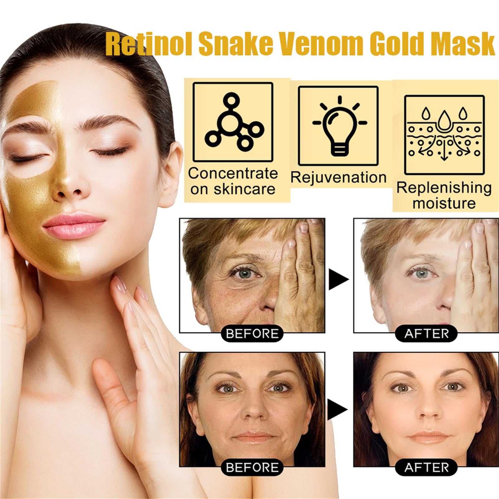 24K Gold Peel Off Face Mask with Retinol & Snake Venom - Anti-Aging, Deep Moisturizing Treatment for Glowing Skin (5 Pack) - Perfect for Spa Nights & Skincare Routines