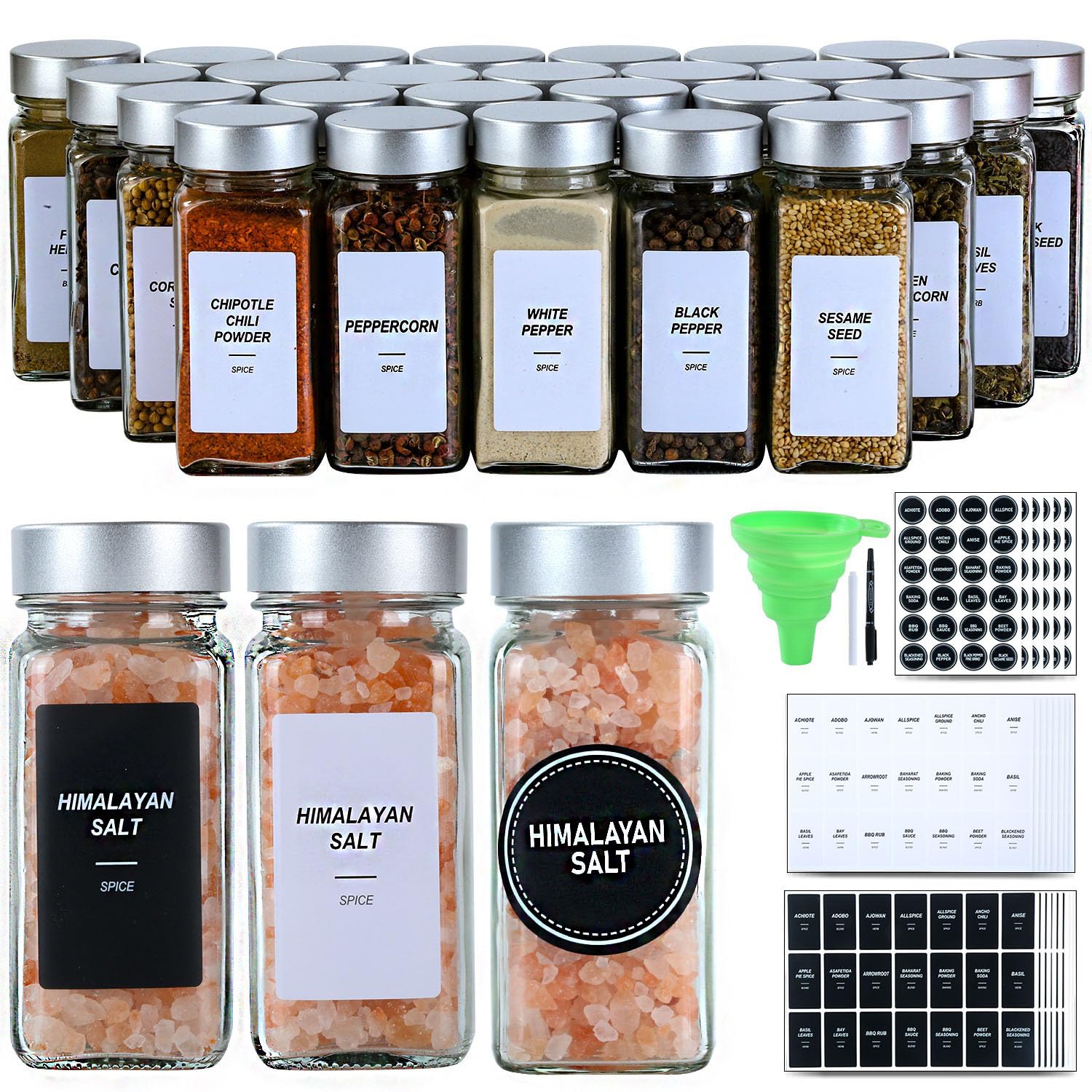 16 Glass Spice Jars with Labels - 4oz Airtight Spice Containers with Shaker & Silver Lids - 3 Sets of Pre-Cut Spice Labels - Perfect for Kitchen Organization, Pantry Storage & Spice Rack Display