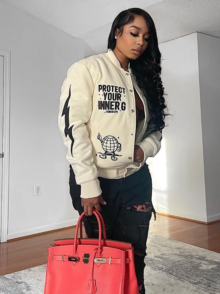 Molilove Women's Vintage Varsity Jacket | Baseball Bomber Jacket | Unisex College Casual Streetwear Coat | Perfect for School, Sports & Urban Fashion