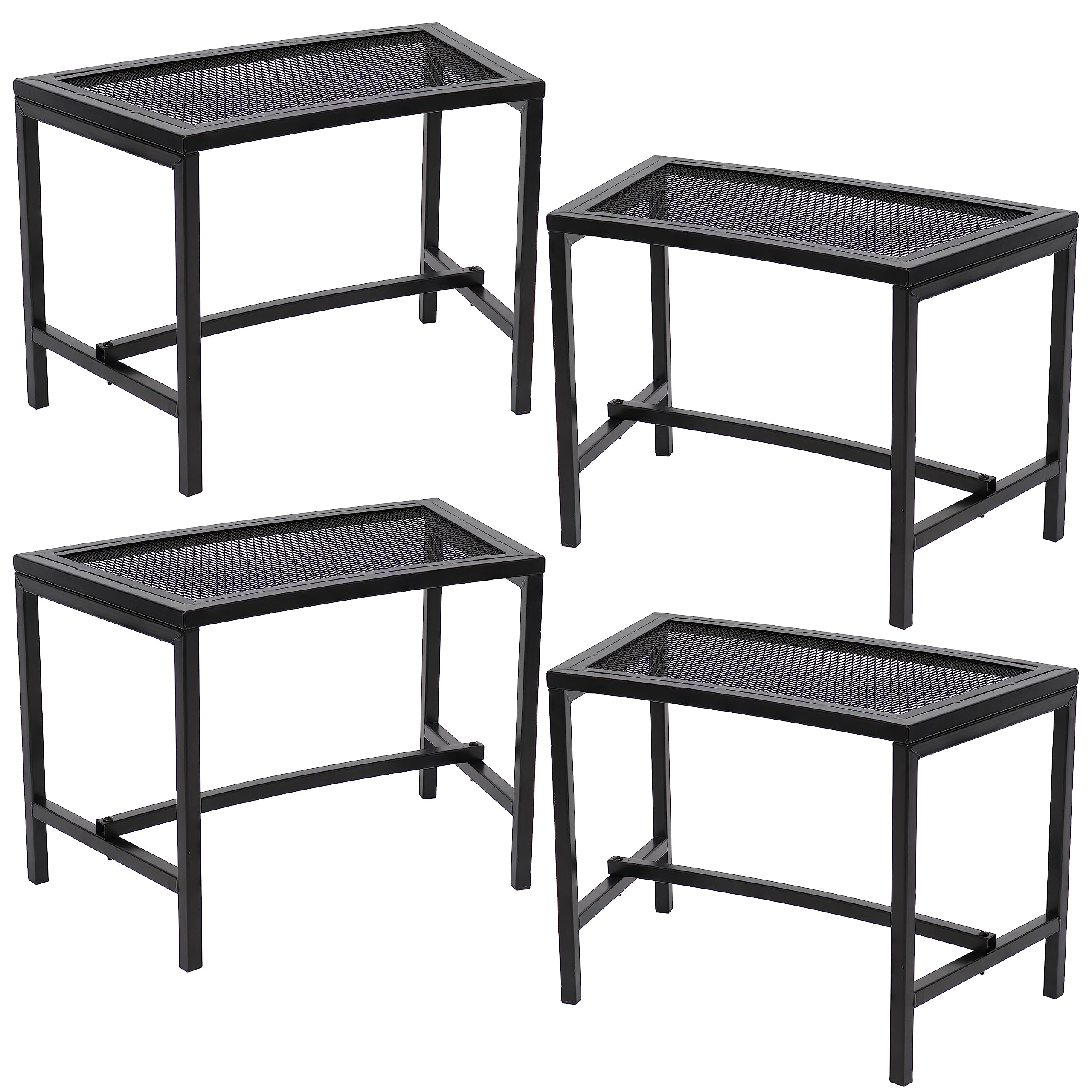 Sunnydaze Outdoor 4-Piece Black Powder-Coated Metal Fire Pit Bench Set - Curved Backless Mesh Design for Patio, Garden & Backyard Relaxation