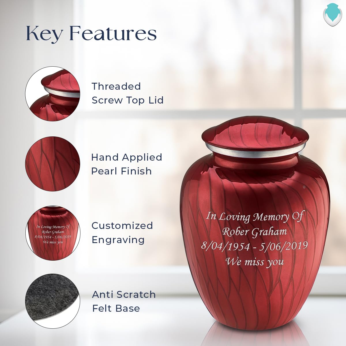 Premium Personalized Cremation Urns for Ashes - Large Pearl Candy Red Funeral Urn for Adults with Double-Side Engraving (Holds 200 lbs) | Memorial Keepsake for Home Display or Burial Ceremony