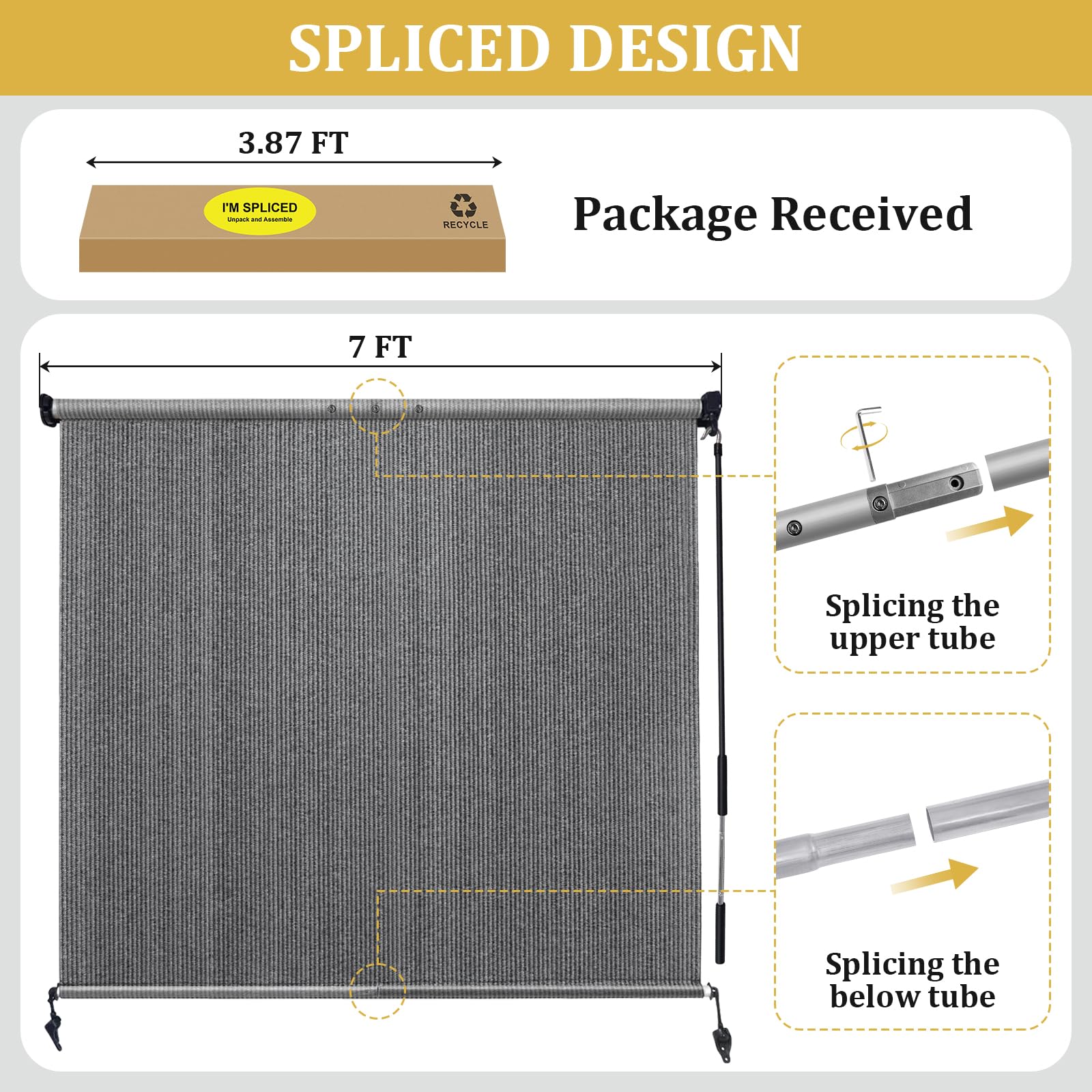 Shade&Beyond Cordless Outdoor Roller Shades 7' W x 6' H - Patio Roll Up Blinds for Porch, Gazebo, Pergola & Balcony | UV Protection Exterior Shade Cloth with One-Piece Fabric & Dual Pole System (Gray) - Perfect for Backyard Relaxation & Sun Protection