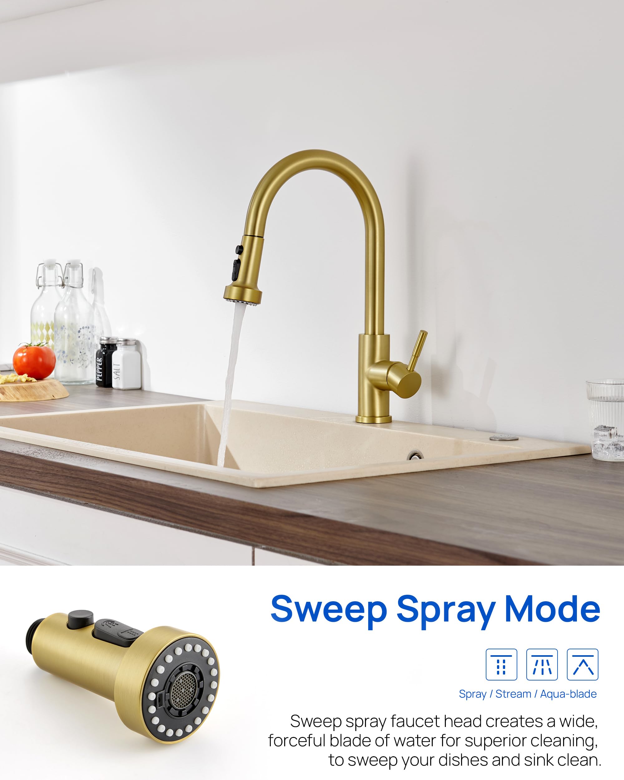 3-Function Pull Down Kitchen Faucet Sprayer Head Replacement with 15 Adapters - Brushed Gold Nozzle for Sink Sprayer, Hose & Tap Spout | Perfect for Kitchen Renovation, Dishwashing & Food Prep