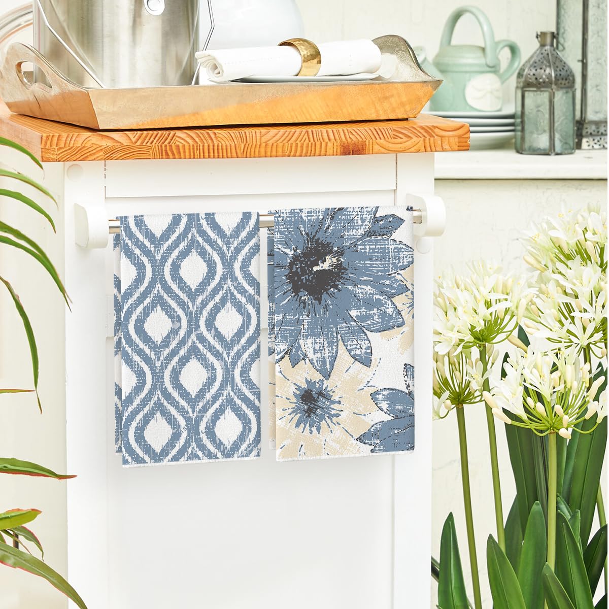 Artoid Mode Blue Floral Leaves Boho Kitchen Towels - Set of 4 (18x26 Inch) | Absorbent Dish Towels & Decorative Hand Towels for Farmhouse, Rustic & Bohemian Kitchens | Perfect for Drying Dishes, Decor & Seasonal Home Styling
