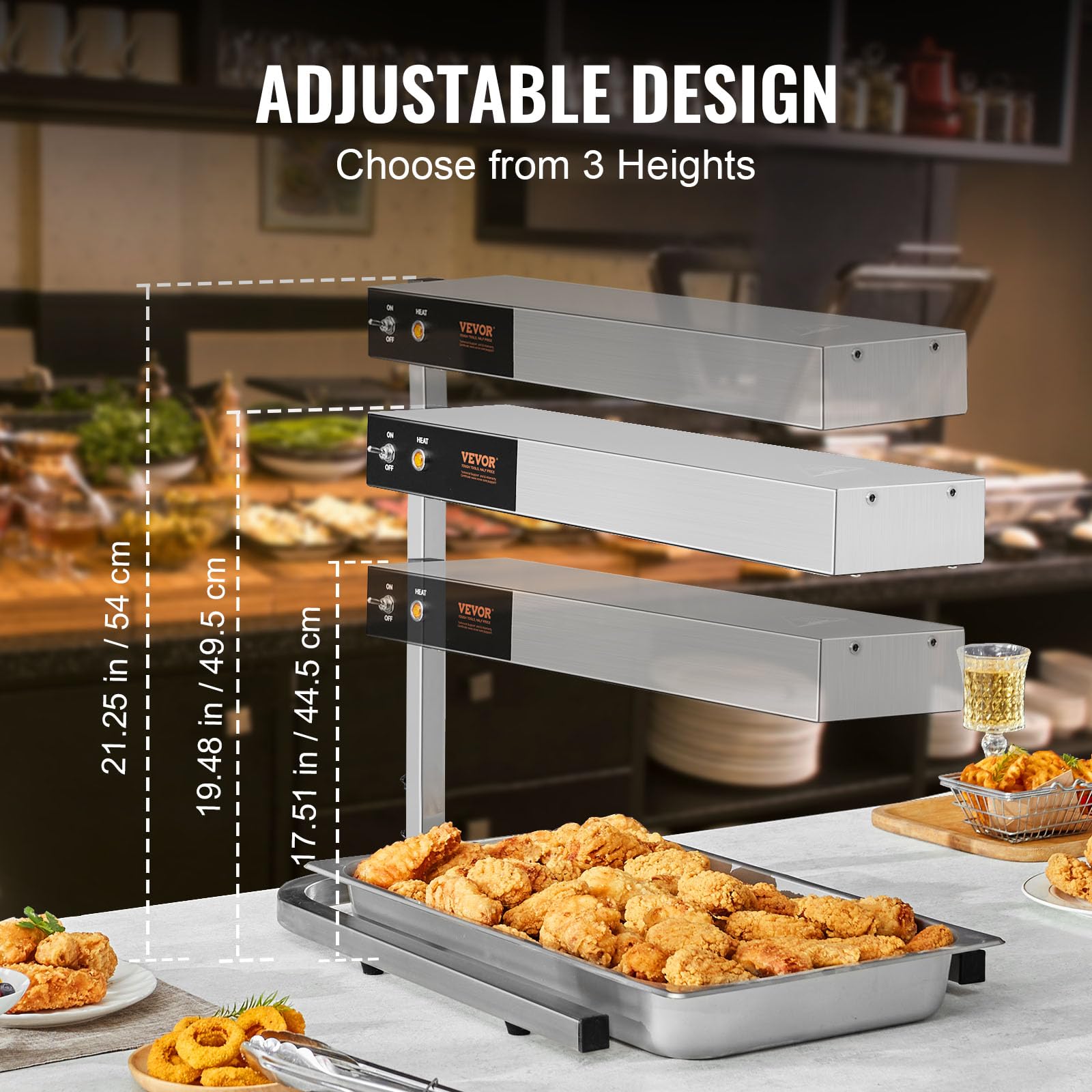VEVOR 750W Commercial French Fry Warmer - Stainless Steel Electric Food Heating Lamp with Adjustable Temperature 104-122°F - Perfect for Chip Buffet, Restaurant Kitchen Countertop & Fast Food Service Stations - Silver