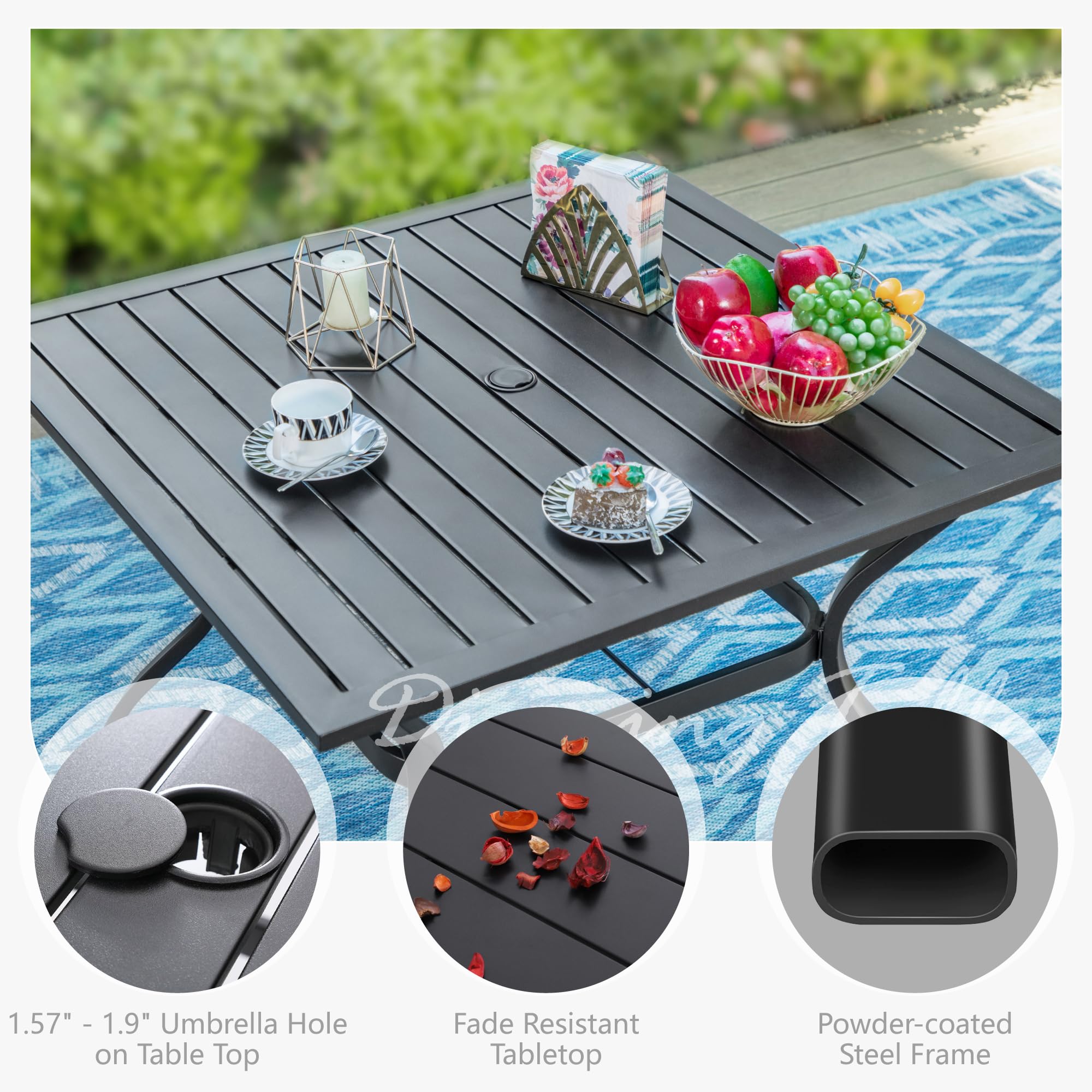 PHI VILLA 37 Inch Square Outdoor Dining Table for 4 - Weather-Resistant Metal Patio Table with E-Coating, Steel Slatted Design & 1.57