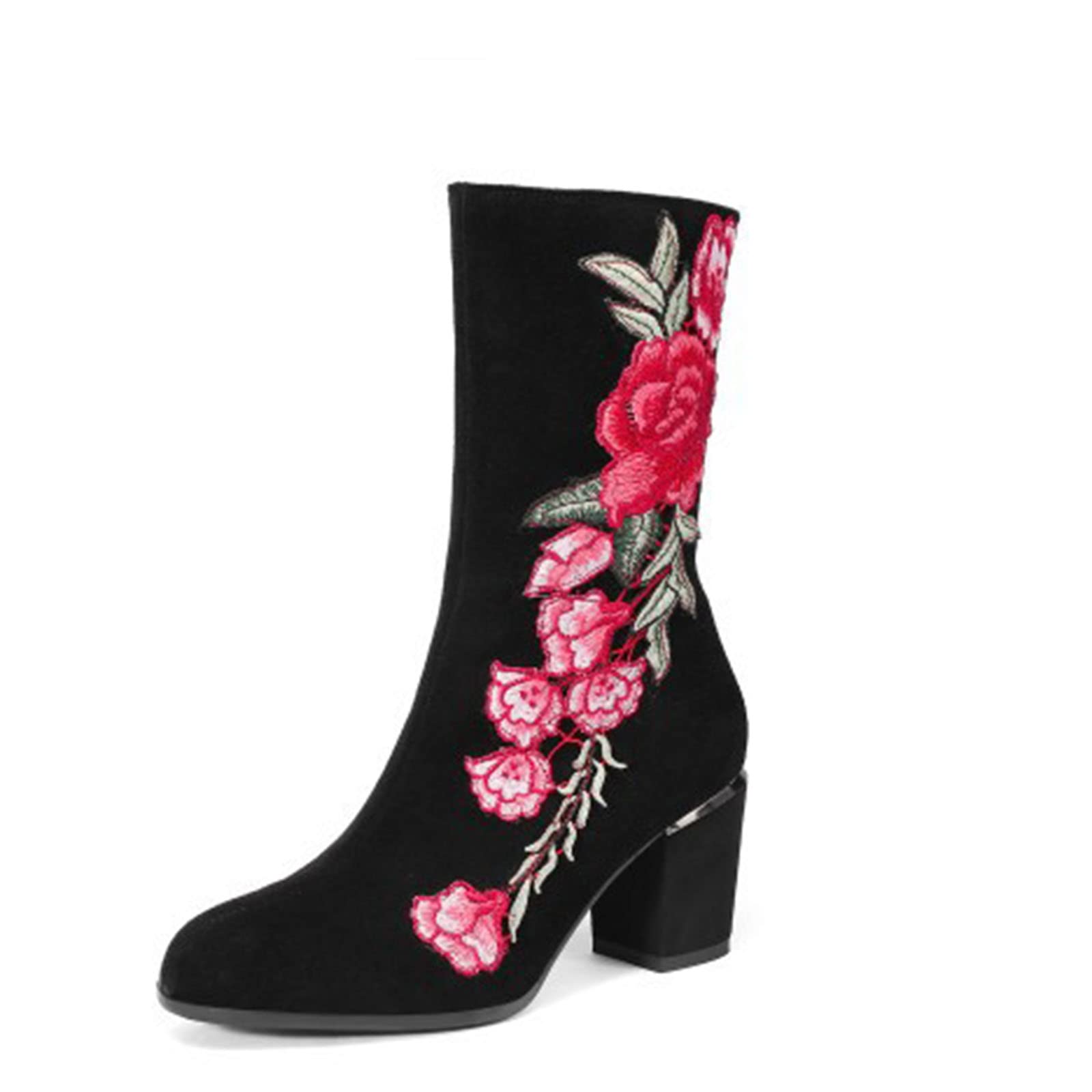 WOilERQ Women's Embroidered Suede Mid-Calf Boots with Thick Heel - Elegant Round Toe Winter Boots for Ladies | Warm Nude Color | Perfect for Autumn Fashion, Office Wear & Holiday Outfits