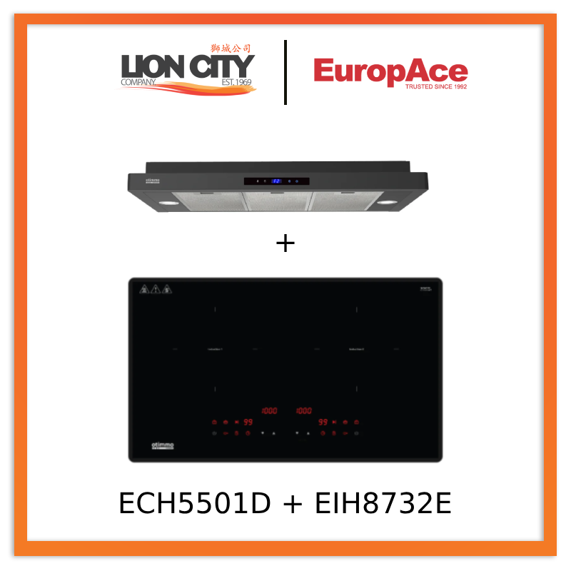 Europace ECH5501DBK 90cm Slimline Range Hood & EIH8732E 73cm Induction Cooktop with Magnetic Knob - Modern Kitchen Ventilation and Cooking Solution for Home Chefs