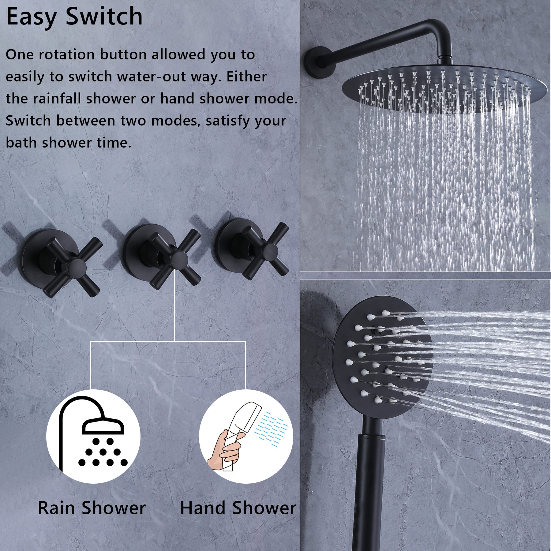 3 Handle Matte Black Shower Faucet Set with 10