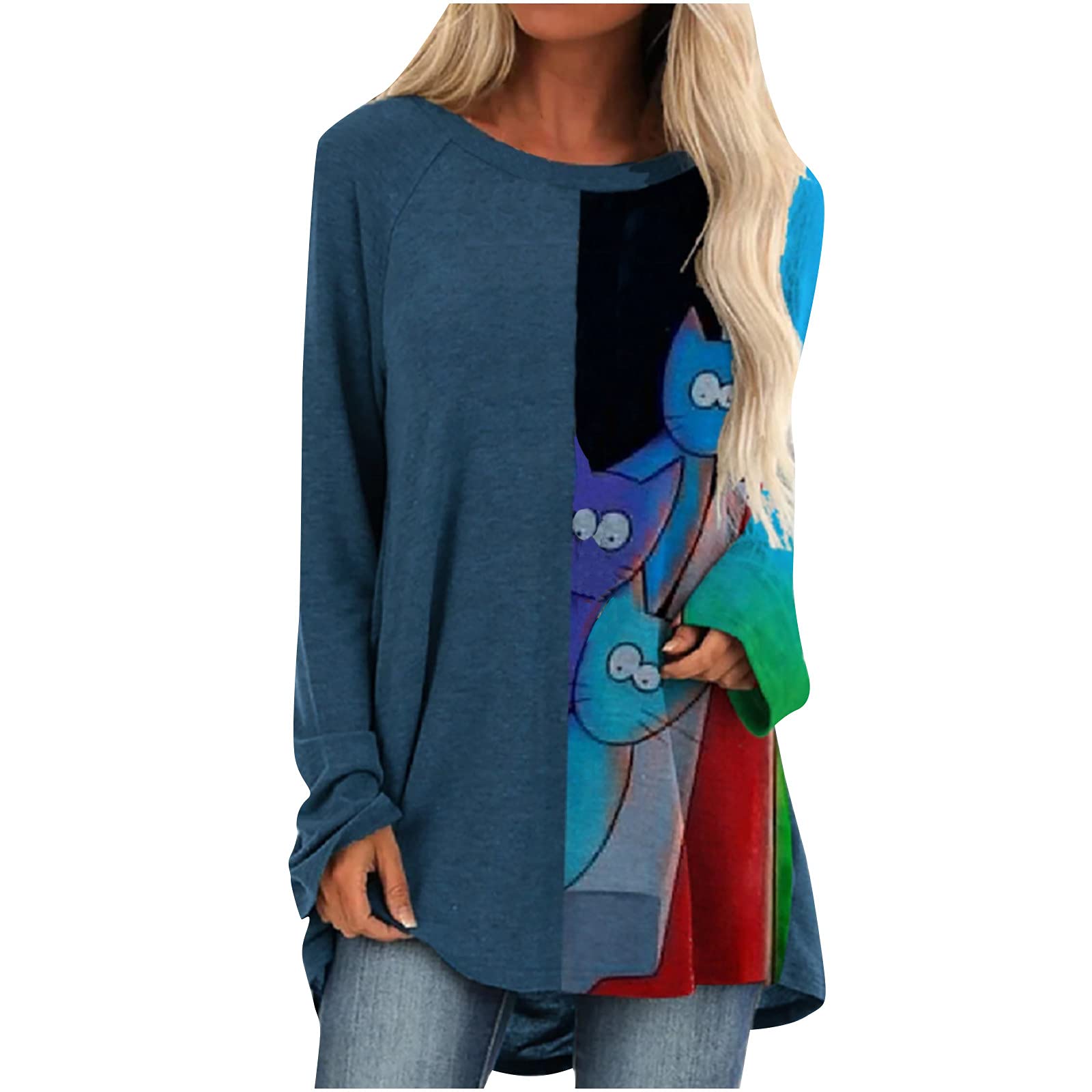 Trendy Women's Fall Long Sleeve Sweatshirt - Color Block Crewneck Pullover Top, Loose Fit Casual Blouse for Women | Perfect for Autumn Outfits, Weekend Wear & Layering