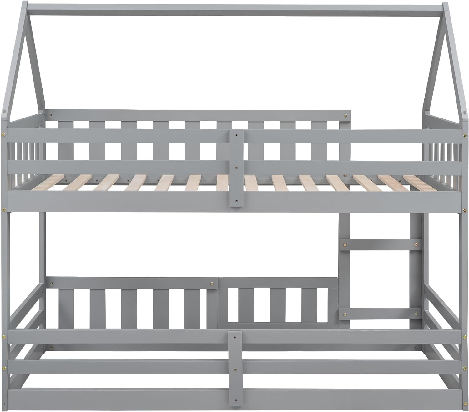 MERITLINE Twin Over Twin Wooden Bunk Bed with Safety Fence & Door, Loft Bed with Roof for Kids - Easy Assembly, Grey - Perfect for Small Bedrooms, Kids' Dormitories & Space-Saving Home Decor
