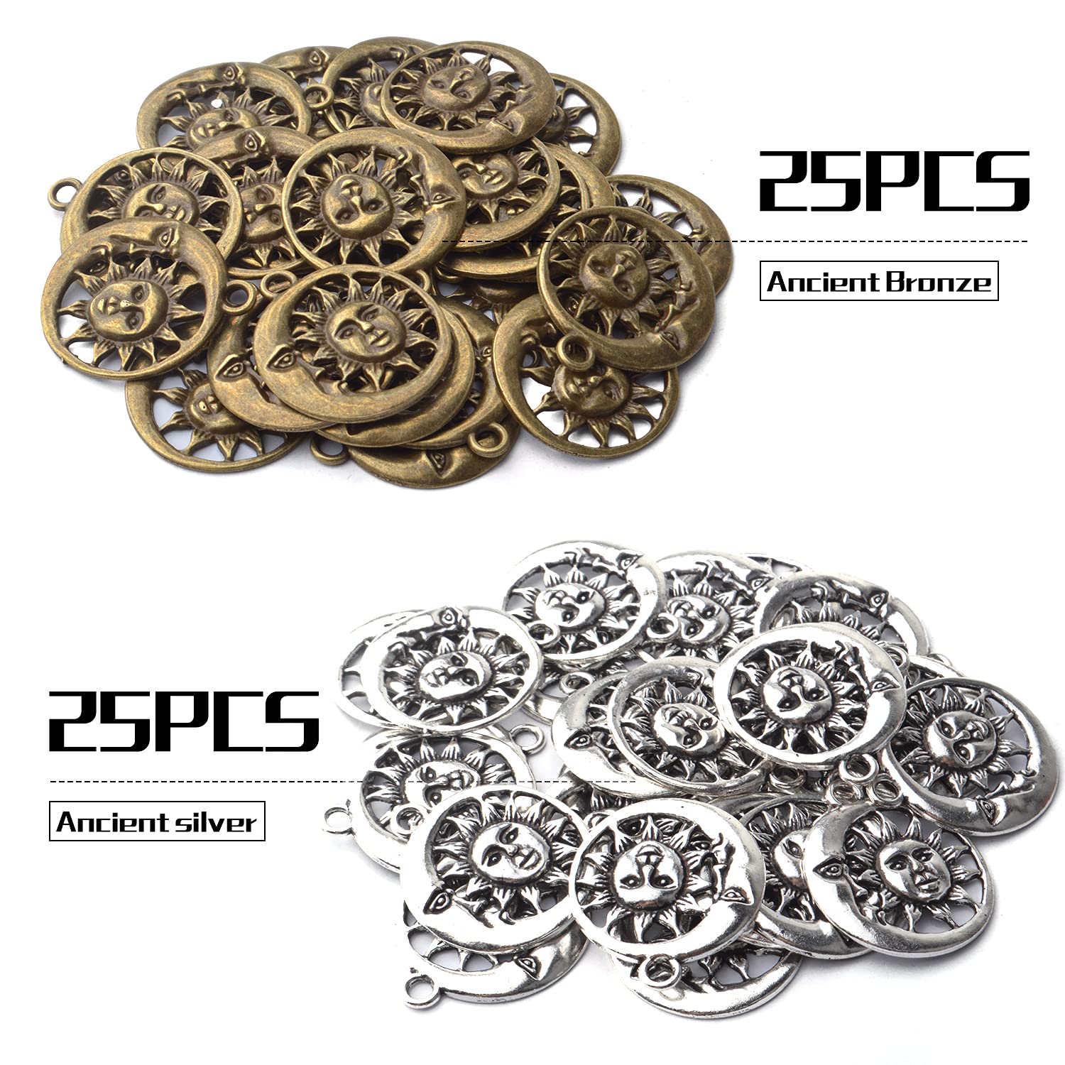50pcs Tibetan Alloy Celestial Sun and Moon Charms - Smile Pendants for DIY Jewelry Making, Necklace & Bracelet Craft Supplies - Perfect for Boho, Hippie & Spiritual Jewelry Designs