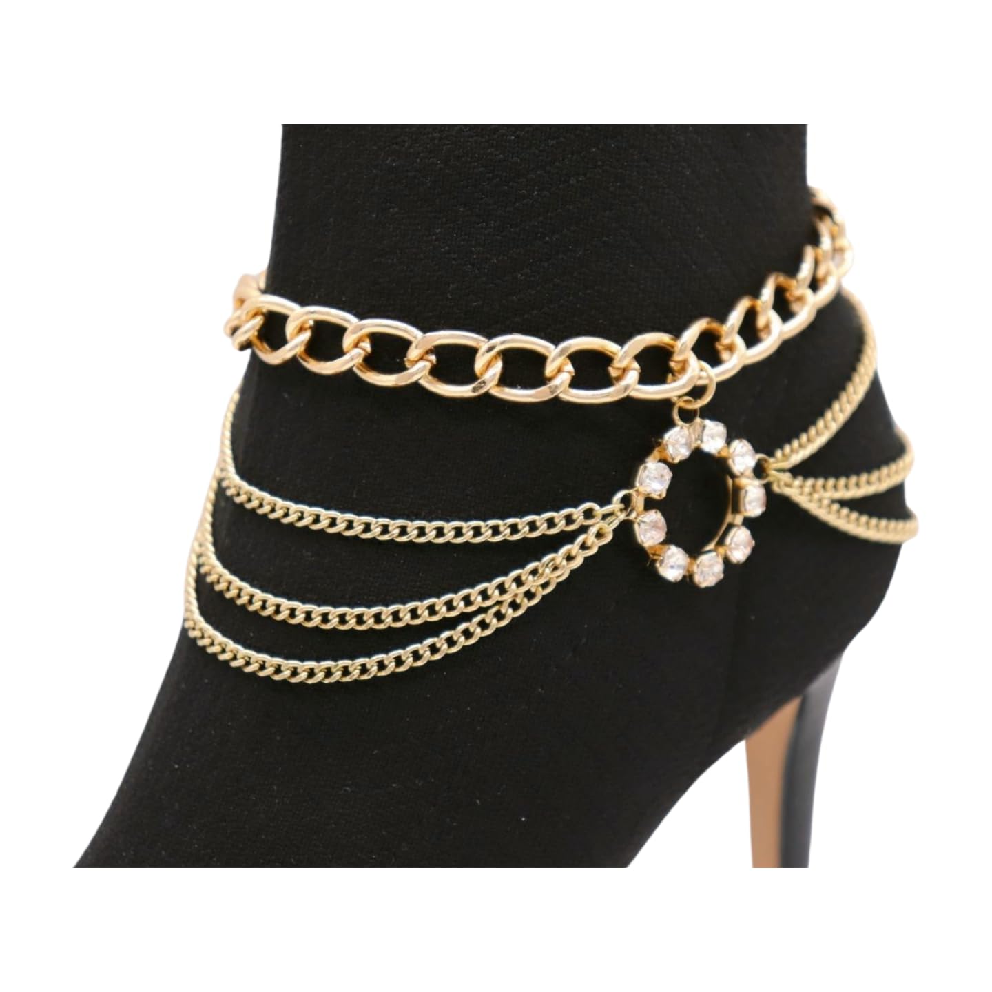 Women's Western Style Gold Metal Multi-Strand Chain Ankle Bracelet with Bling Circle Charms - Perfect for Cowgirl Boots, Boho Outfits & Summer Festivals