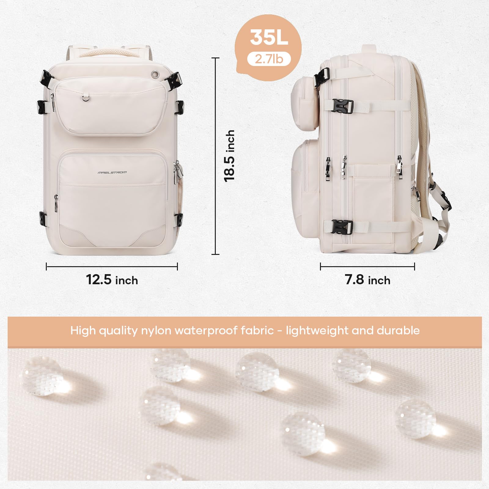 35L Maelstrom Waterproof Travel Backpack for Men & Women - Airplane Carry On with Belt Bag & Shoe Compartment - Fits 17 Inch Laptop (Beige, Large) - Perfect for Business Trips, Hiking & Weekend Getaways
