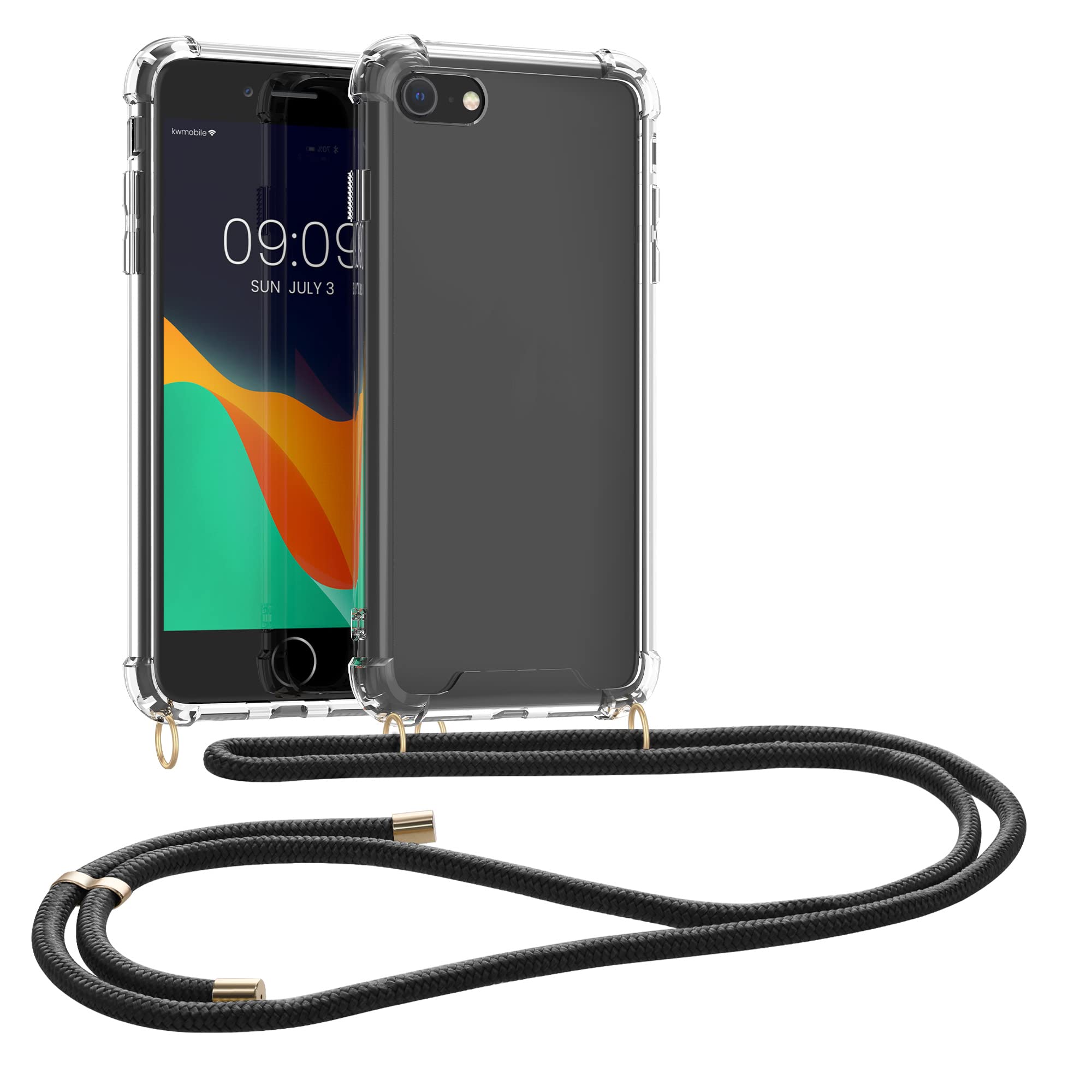 kwmobile Clear TPU Crossbody Phone Case Compatible with Apple iPhone SE (2022/2020), iPhone 8 & 7 - Protective Cover with Lanyard Strap (Black/Transparent) - Perfect for Travel, Shopping & Outdoor Activities