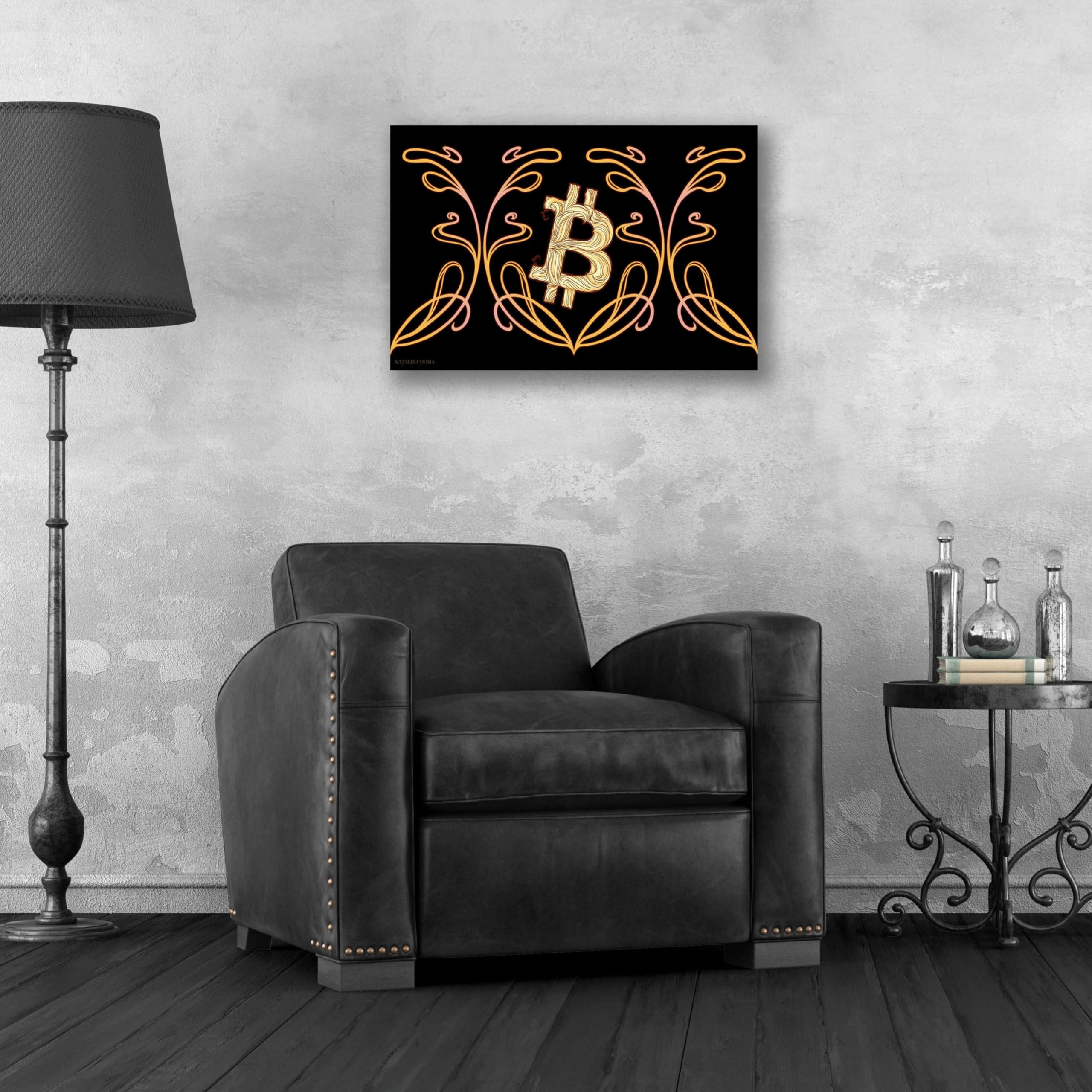 Art Nouveau Bitcoin Gold Acrylic Glass Wall Art by Katalina - 24x16 Inches Modern Home Decor for Living Room, Office & Gallery Display