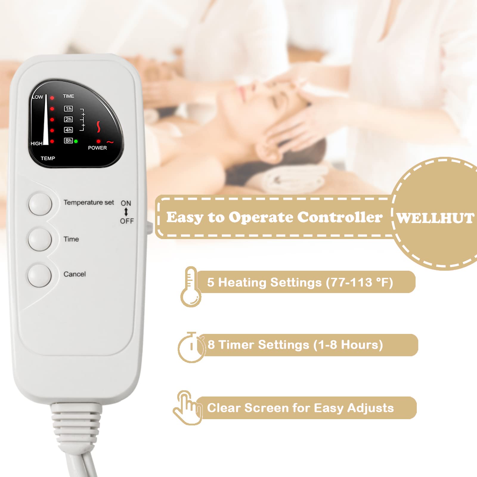 WELLHUT 75x36 Inch Electric Heating Massage Table Warmer - 5 Adjustable Heat Levels & 8 Timer Settings, UL Certified Twin Bed Warmer for Spa & Physical Therapy - Machine Washable Heated Mattress Pad - Perfect for Massage Clinics, Home Spa Treatments, and Professional Therapy Sessions