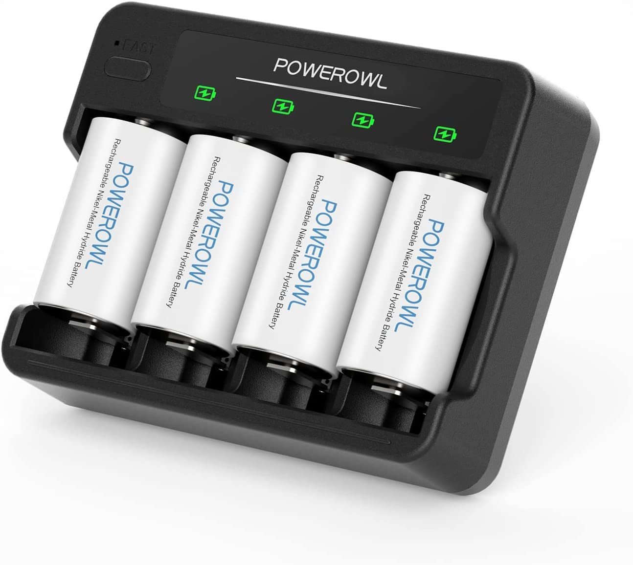 POWEROWL 4 Bay USB Rechargeable D Batteries with Charger - Quick Charge for AA AAA C D Ni-MH Batteries (4-Pack) - Ideal for Flashlights, Toys, Cameras & Emergency Power Backup