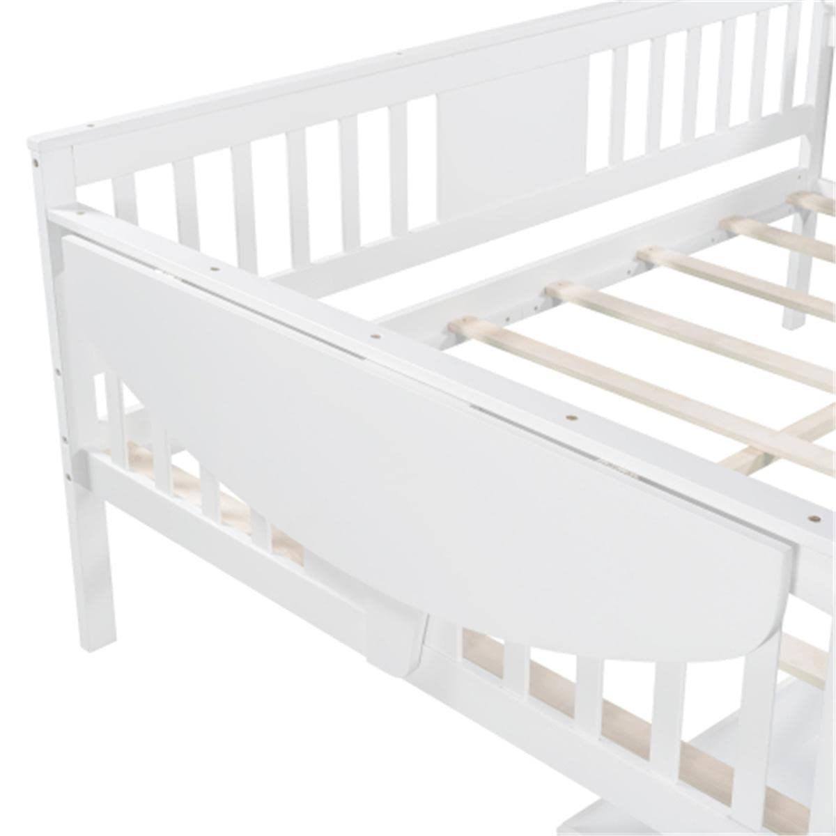 Full Size Daybed Frame with 2 Storage Drawers & Safety Handrail - White Wooden Platform Bed for Guest Room, Dorm, or Small Space