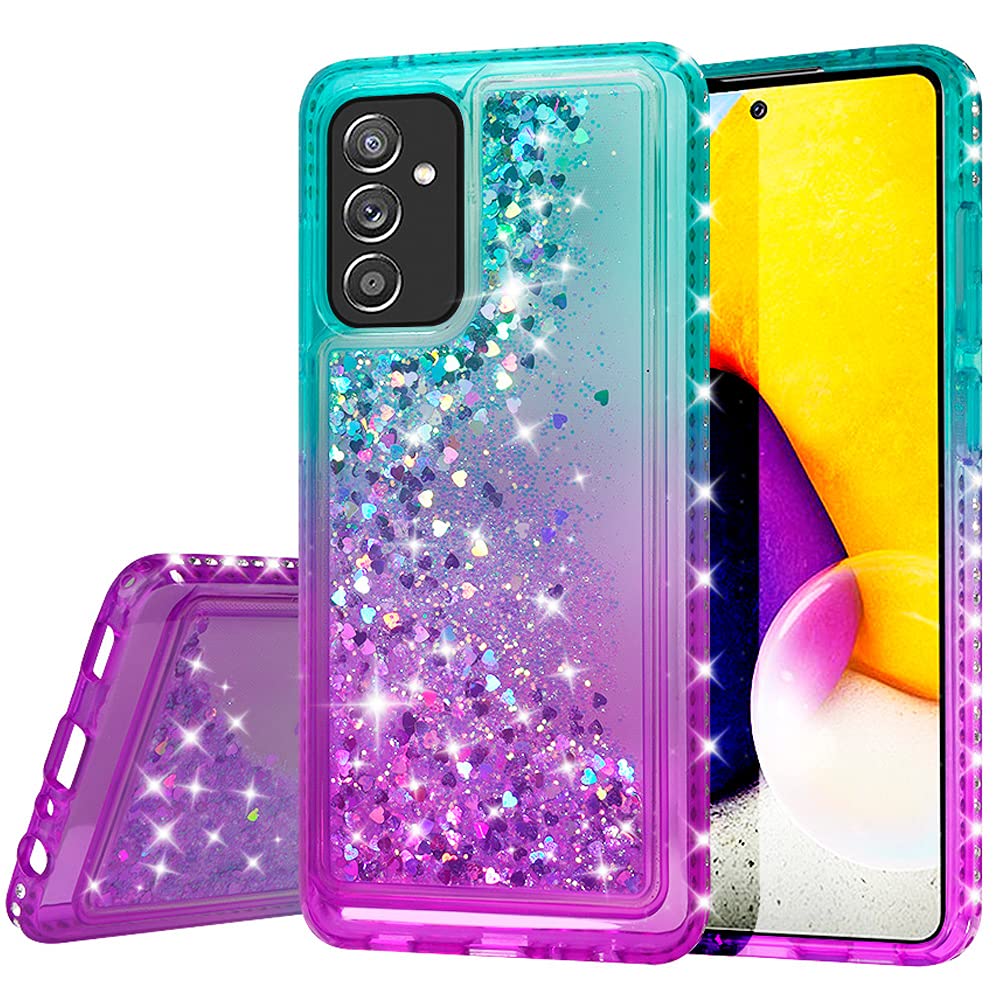 SOGA Samsung Galaxy A82 5G / Quantum 2 Phone Case with Tempered Glass Screen Protector - Diamond Liquid Quicksand Cover for Women (Teal/Purple) | Cute Protective Case for Everyday Use & Travel