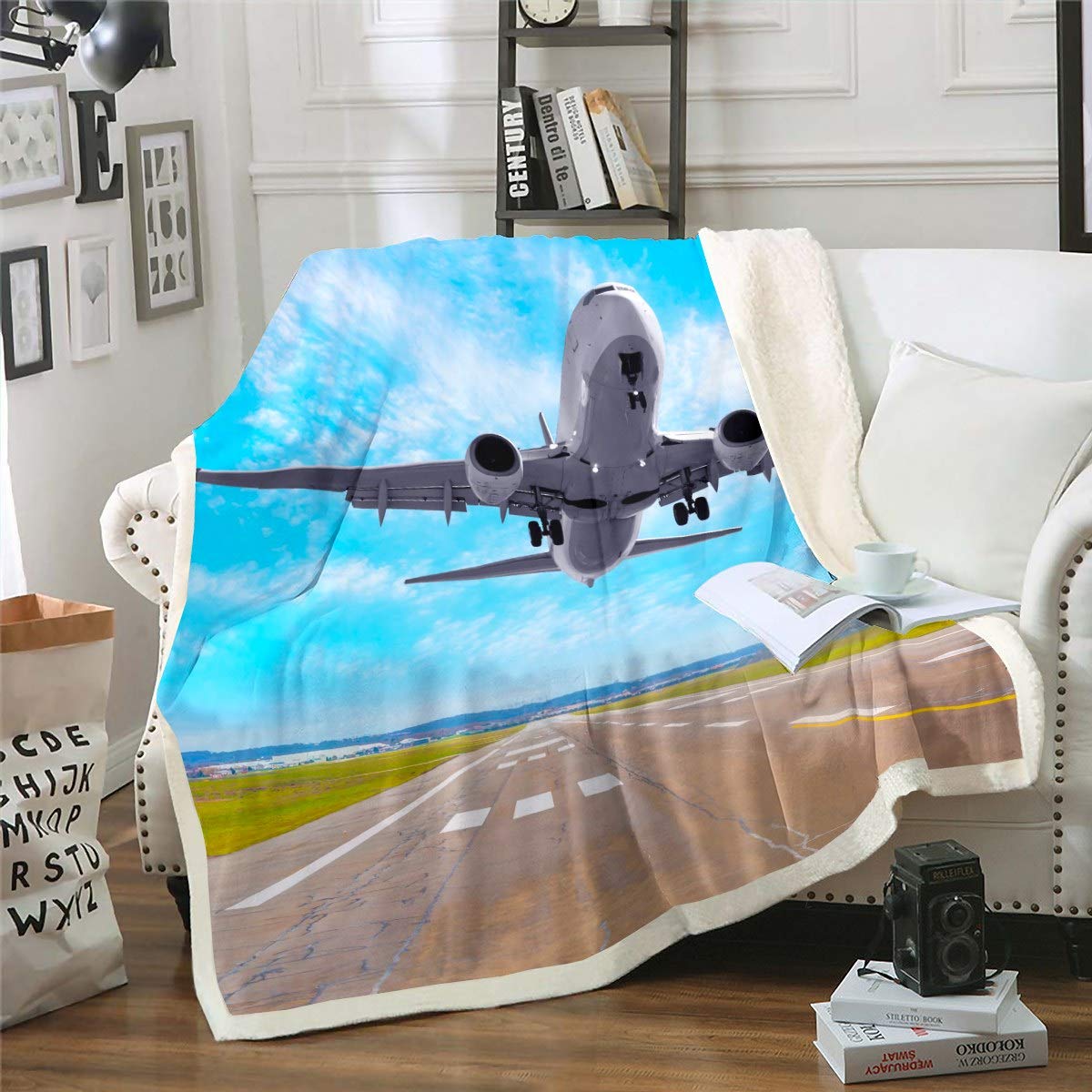 3D Airplane Printed Sherpa Fleece Throw Blanket for Kids & Adults - Soft Plush Airplane Transportation Blanket for Sofa, Bed, Couch - Twin Size 60x80 Inches - Perfect for Travel, Camping & Home Decor