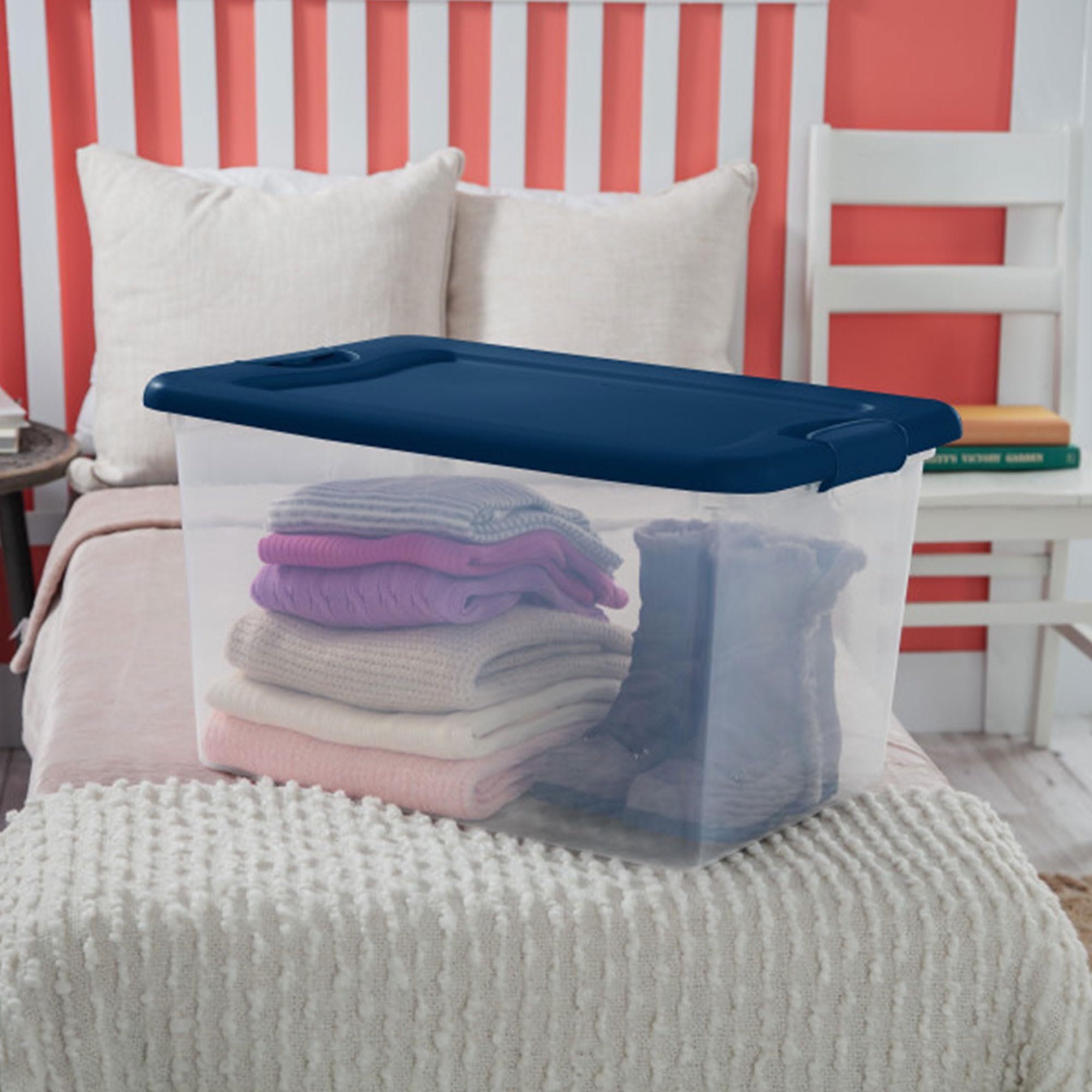 Sterilite 18-Pack 64 Qt Clear Plastic Storage Bins with Lids - Large Stackable Organizing Containers for Home, Office & Closet Organization - Blue