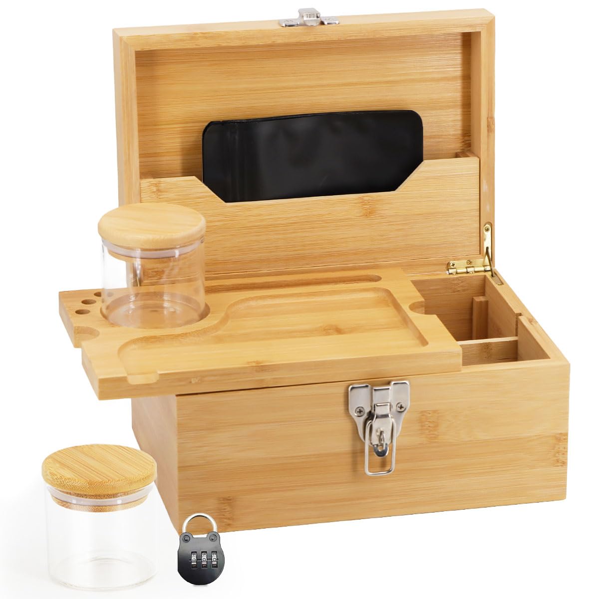 Large Bamboo Storage Box with Combination Lock - Decorative Locking Box with Detachable Compartment, Removable Tray, Jars & Resealable Bags - Perfect for Holiday Gifts, Jewelry Organizer, Home Decor & Office Storage