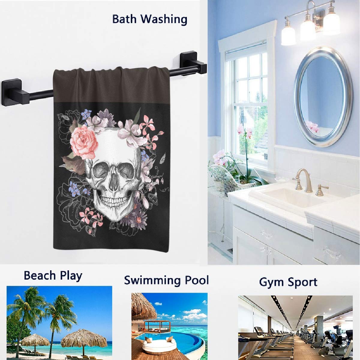 Premium Day of The Dead Hand Towels - Soft Absorbent 16x30 Inch Skull & Floral Design Bath Towels for Bathroom, Hotel, Gym & Kitchen - Perfect for Dia de Los Muertos Decor & Mexican Themed Parties (Black)