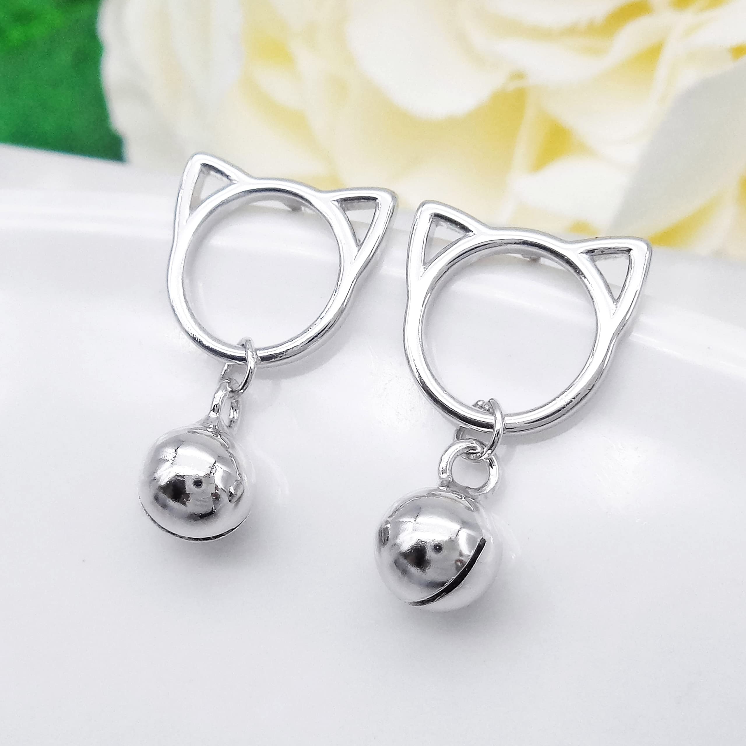 925 Sterling Silver White Gold Plated Cat Head Bell Stud Earrings - Fashion Jewelry for Women, Girls - Perfect for Parties, Dating & Daily Wear