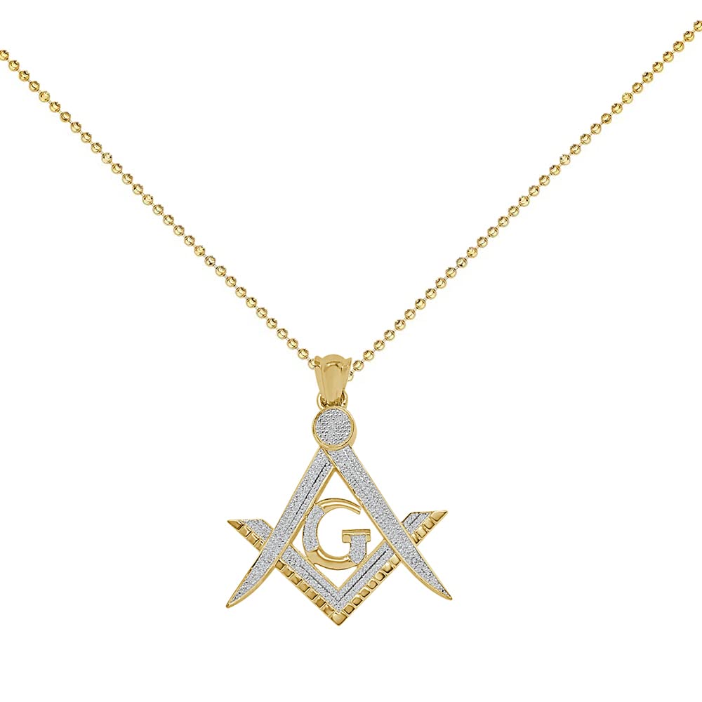 Authentic Natural Diamond Compass Masonic Pendant Necklace Set - 10K Gold Finish for Men & Women - 1.2'' Mini Charm - Perfect for Gifts, Freemason Events & Everyday Jewelry