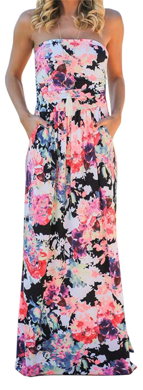 PRIMODA Women's Strapless Tube Top Maxi Dress - Floral Boho Beach Dress with Pockets | Summer Vacation, Pool Party, Seaside Outfit