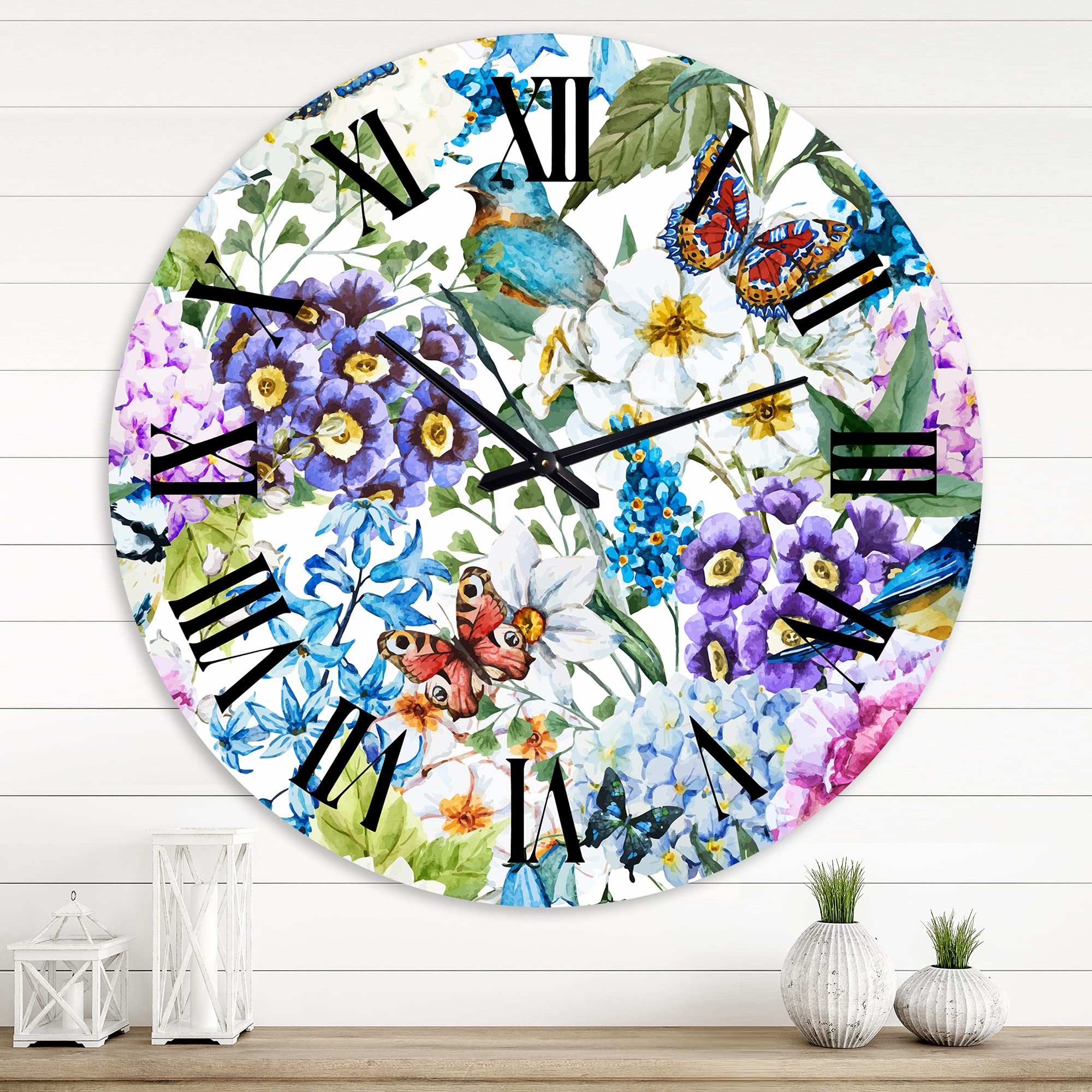 Vibrant Wild Spring Leaves & Wildflowers XII - Large Modern Wall Clock for Home & Office Decor | Floral Botanical Design | Living Room, Bedroom, Kitchen Wall Art