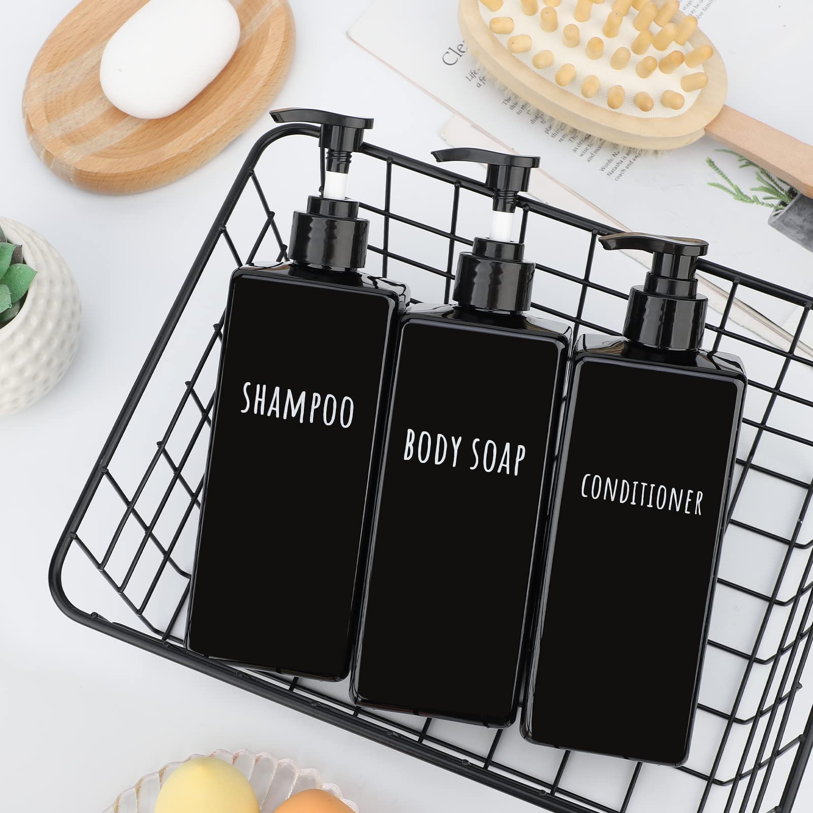 Segbeauty 3-Pack Square Soap Dispenser Set - 16.9oz (500ml) Refillable Black Plastic Pump Bottles for Shampoo, Conditioner, Body Wash & Lotion | Bathroom & Shower Organizer for Liquid Soap, Gel & Hair Care Products