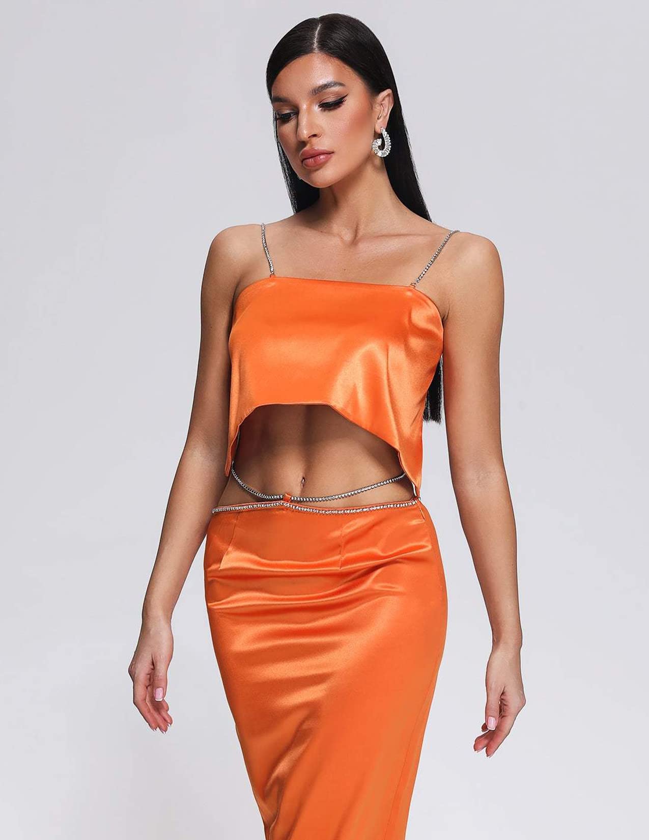 BELLA BARNETT Women's Orange Satin Pajama Set - Soft Two-Piece Lounge Outfit for Sleep, Relaxation & Home Comfort