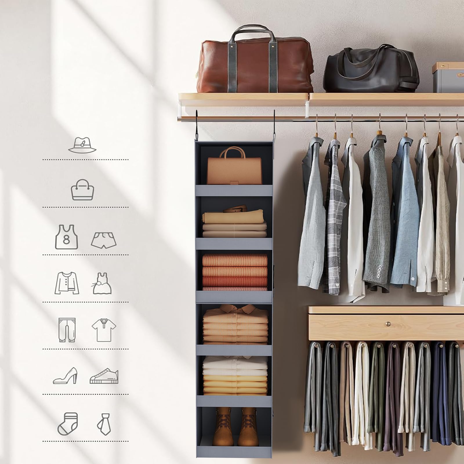 FLYBOX 3-Shelf Collapsible Hanging Closet Organizer - Sturdy Storage for Baby Clothes, RV & Camper - Space-Saving Gray Closet Shelf (29.75
