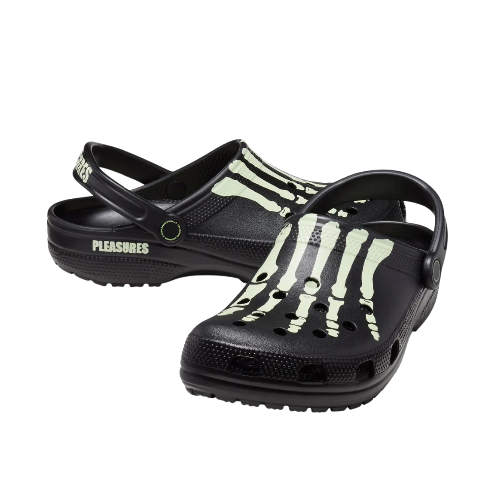 Crocs Classic Clog Pleasures Skeleton Black Glow in The Dark Shoes - Comfortable Slip-On Clogs for Men & Women - Perfect for Halloween, Cosplay, and Nighttime Activities