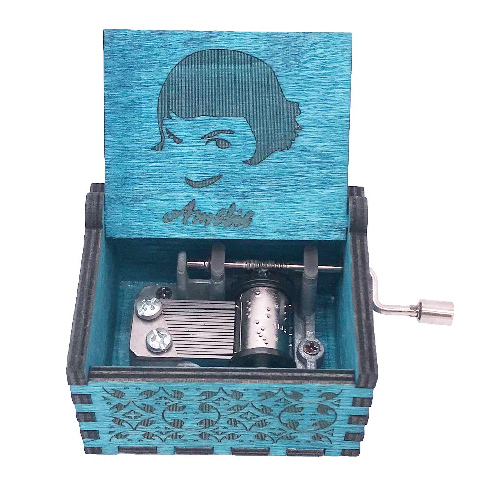 Amelie Hand Crank Music Box - Wooden Carved Musical Box Playing 'Amelie' Theme Song - Blue - Perfect for Gifts, Home Decor & French Movie Lovers